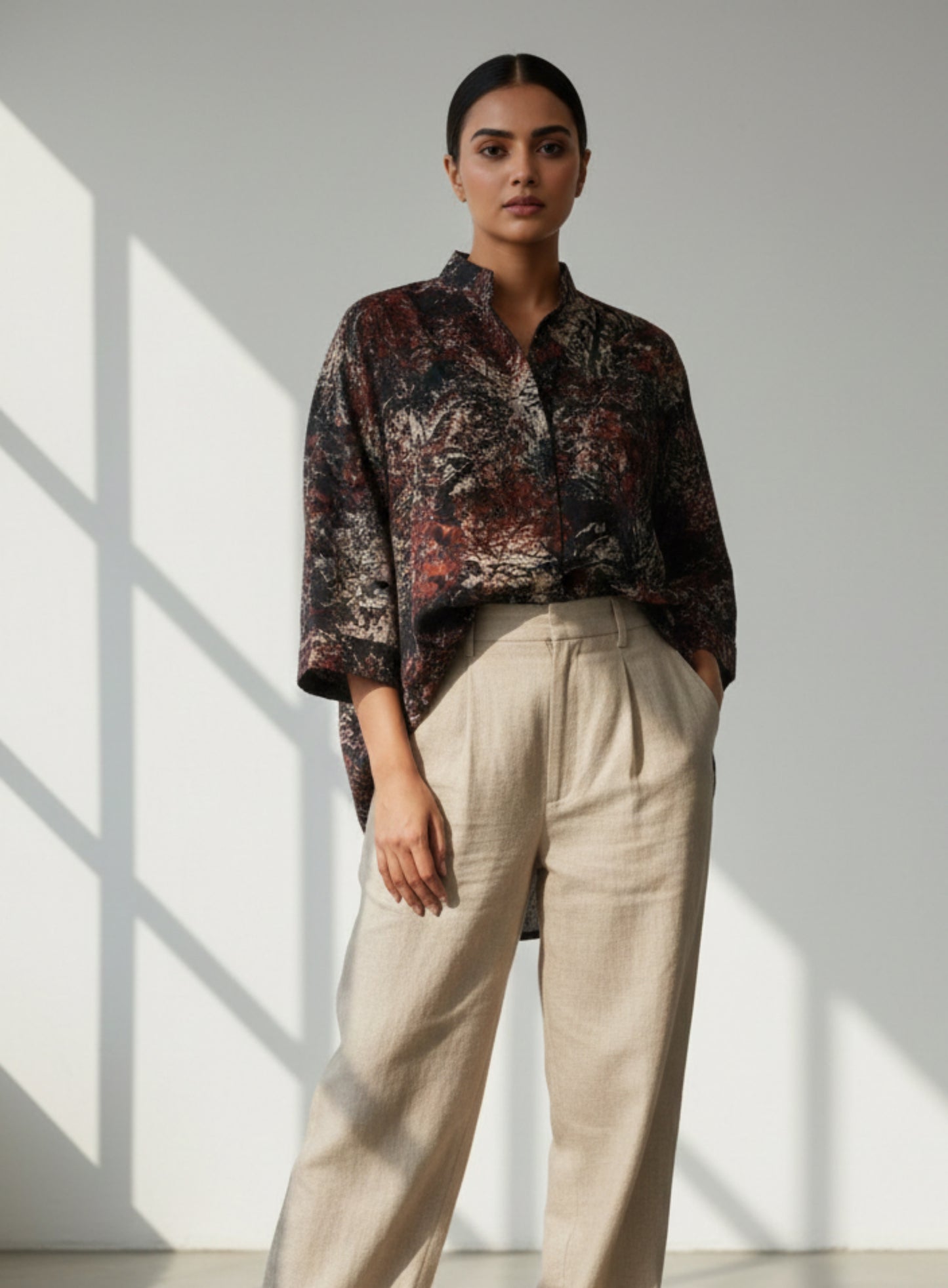 Abstract Ajrakh hand-printed black cotton oversized shirt for women, naturally dyed with mandarin collar