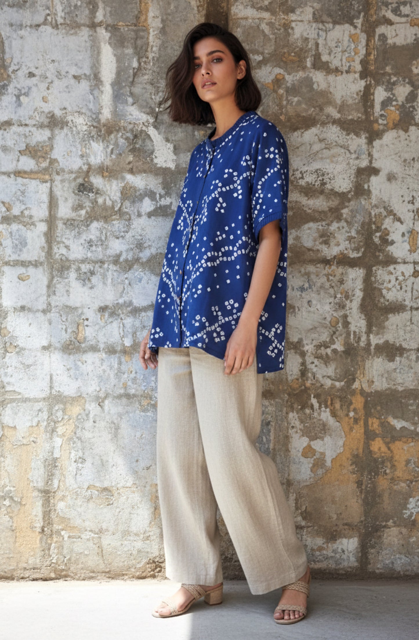 Women’s indigo bandhani cotton satin shirt hand tie dyed in India relaxed fit