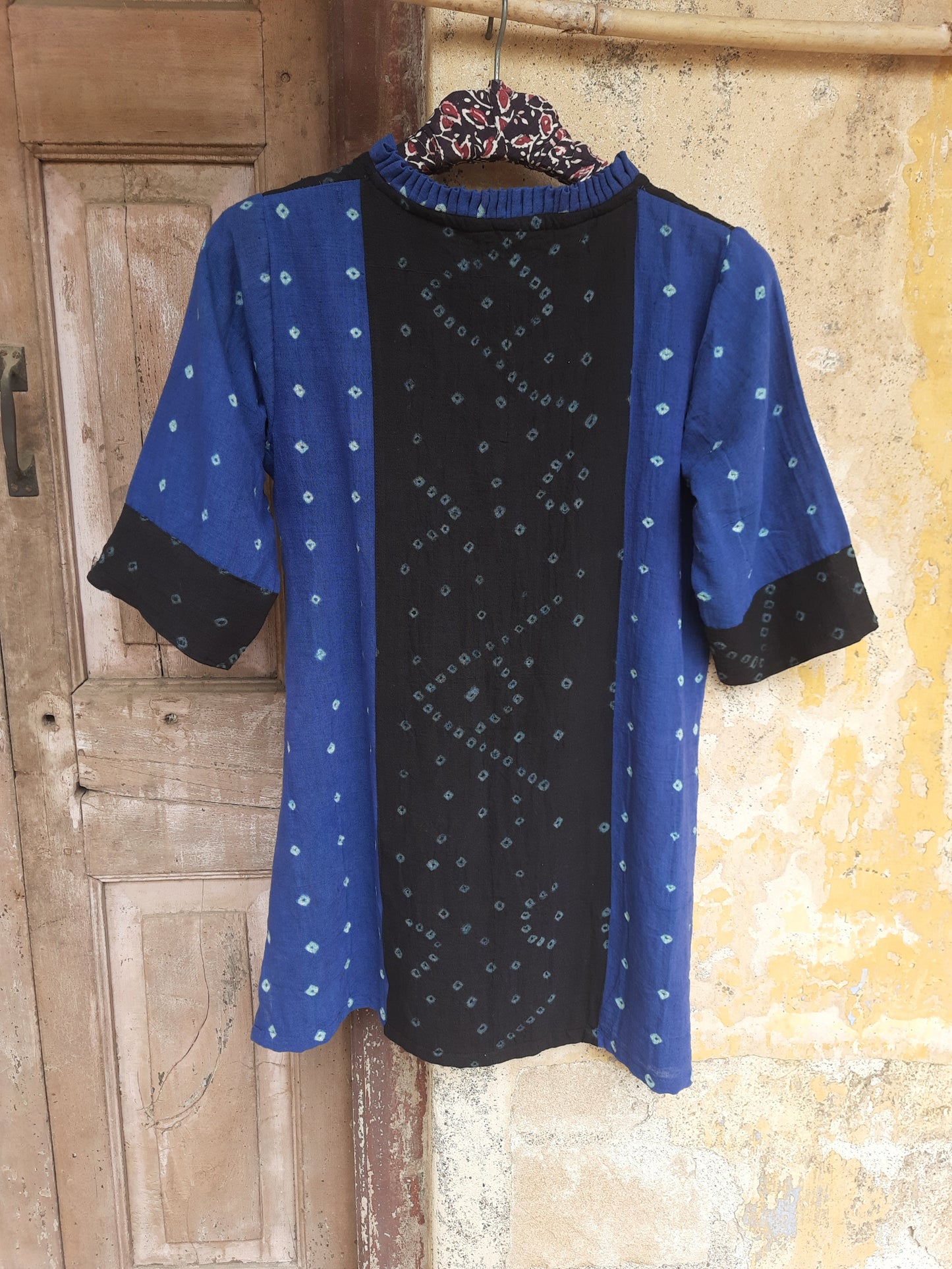 Slow-made black and blue Bandhani shirt handcrafted from handspun organic cotton fabric.