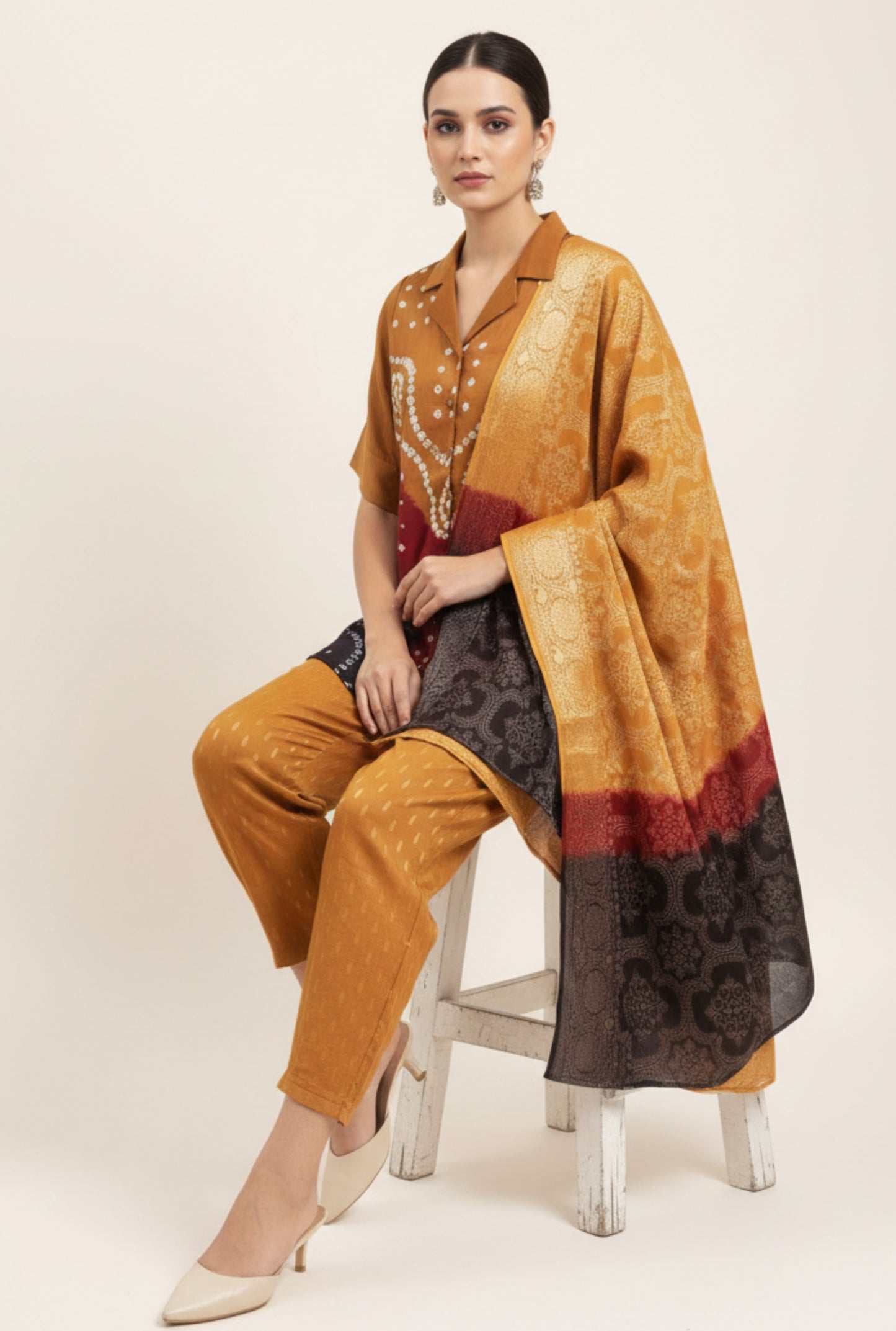 Hand tie dyed Bandhani three piece coord set with cotton satin shirt, jacquard cotton pants and dupatta, handcrafted Indian ethnic wear