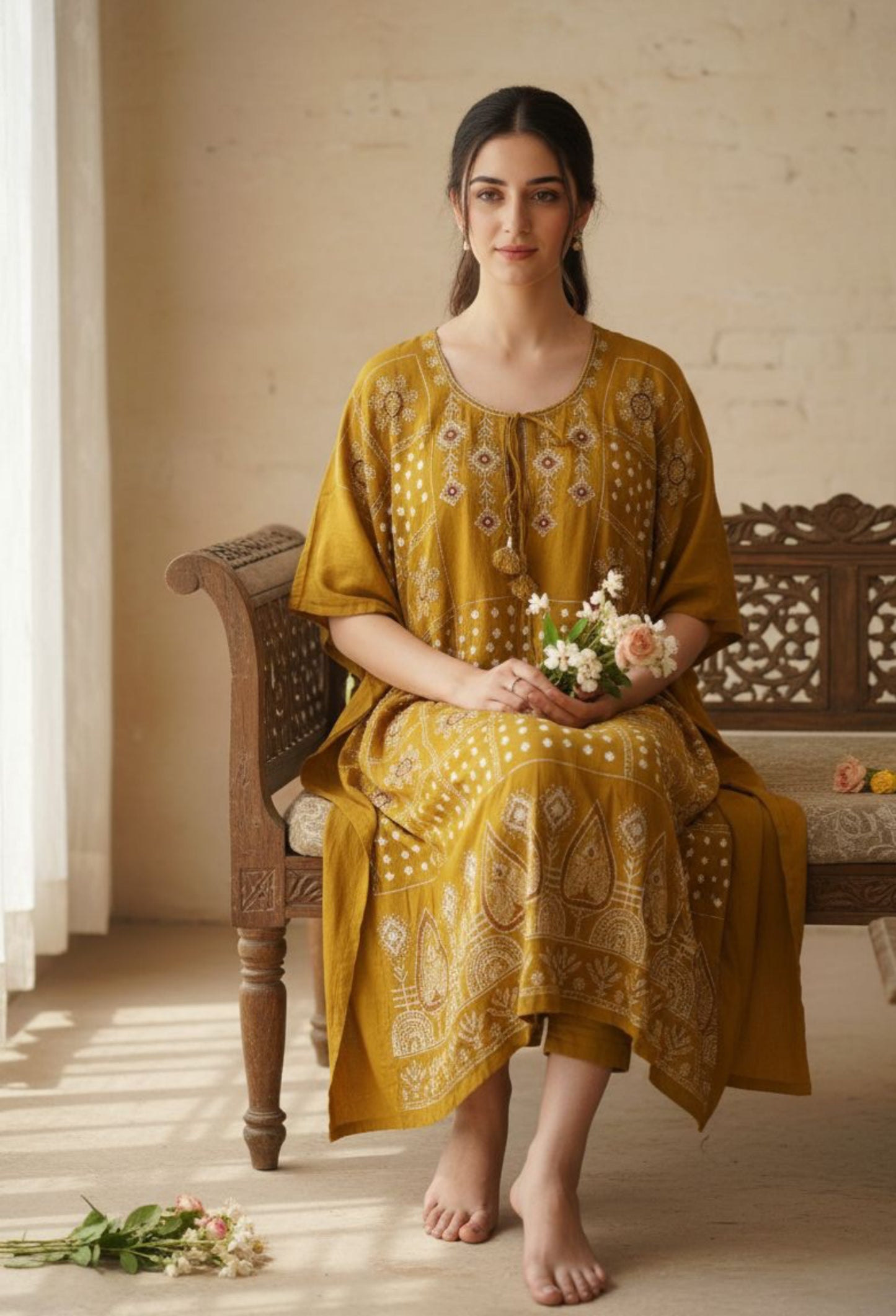 Mustard Bandhani embroidered three-piece set with kaftan, cotton satin pants, and dupatta, handcrafted at Turquoisethestore.