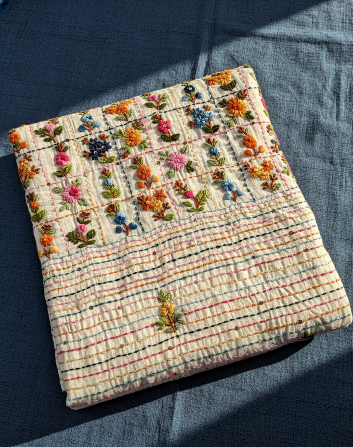 Handspun and handwoven cotton saree in warm ivory shade with expressive hand embroidered floral motifs and subtle sequin detailing. Slow made artisanal saree named Phagun, inspired by spring, with a hand embroidered blouse piece.