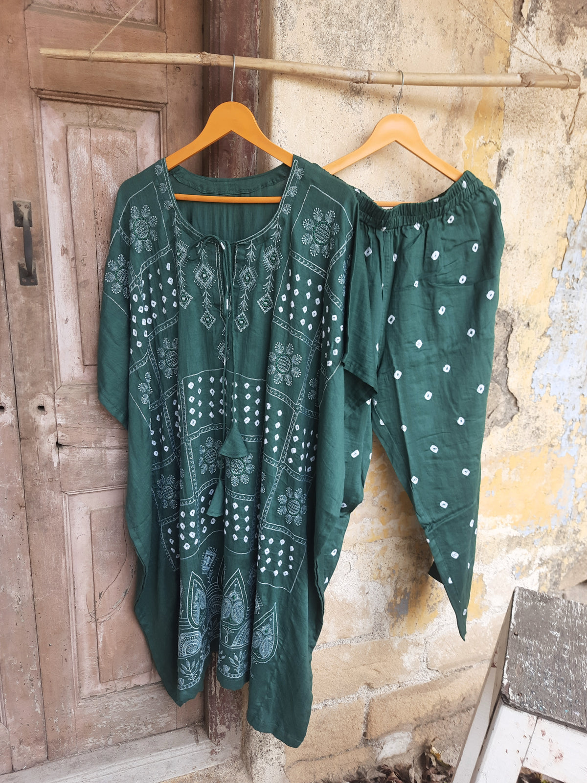 Sage Green Bandhani embroidered kaftan pants dupatta set in cotton satin, slow-made and festive, by Turquoisethestore.
