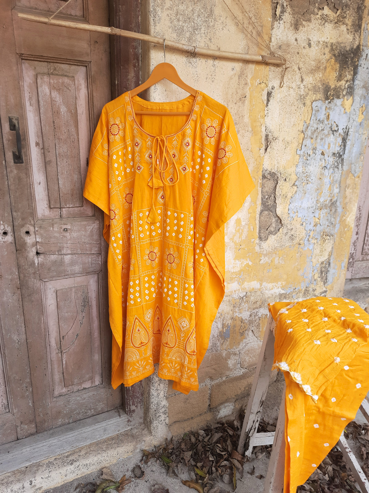 Yellow Bandhani embroidered kaftan pants dupatta set in cotton satin, festive and handmade, by Turquoisethestore.