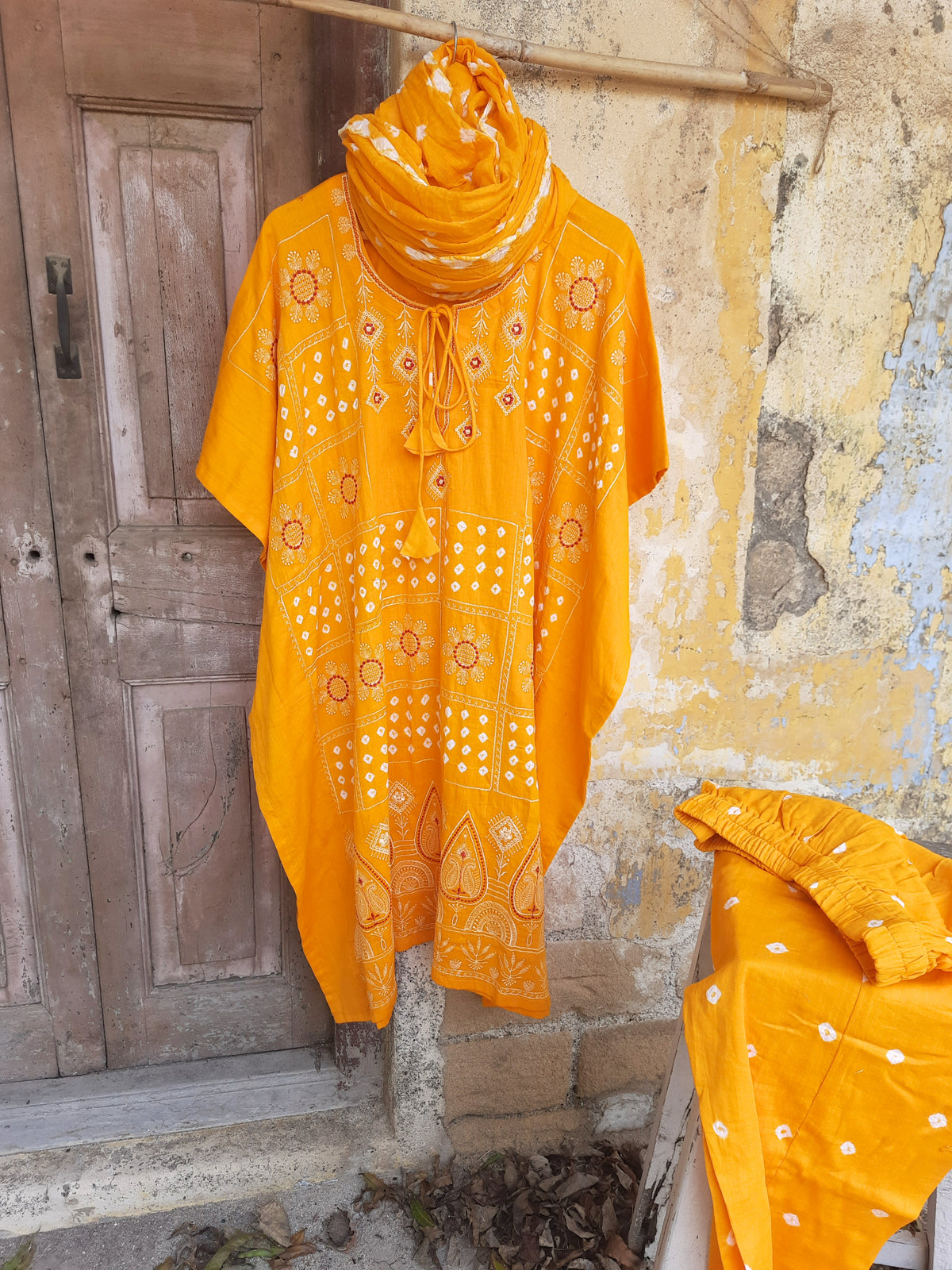 Yellow Bandhani embroidered kaftan pants dupatta set in cotton satin, festive and handmade, by Turquoisethestore.