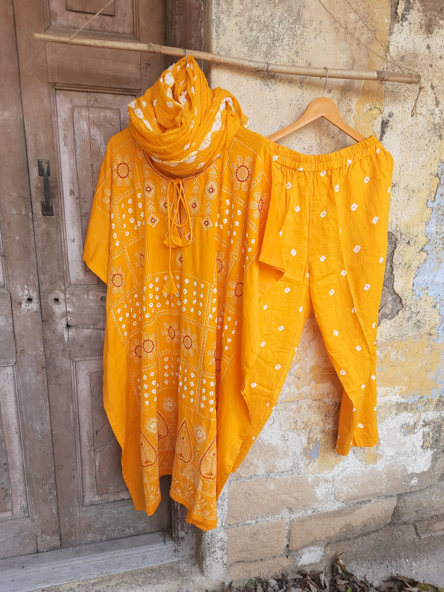 Yellow Bandhani embroidered kaftan pants dupatta set in cotton satin, festive and handmade, by Turquoisethestore.
