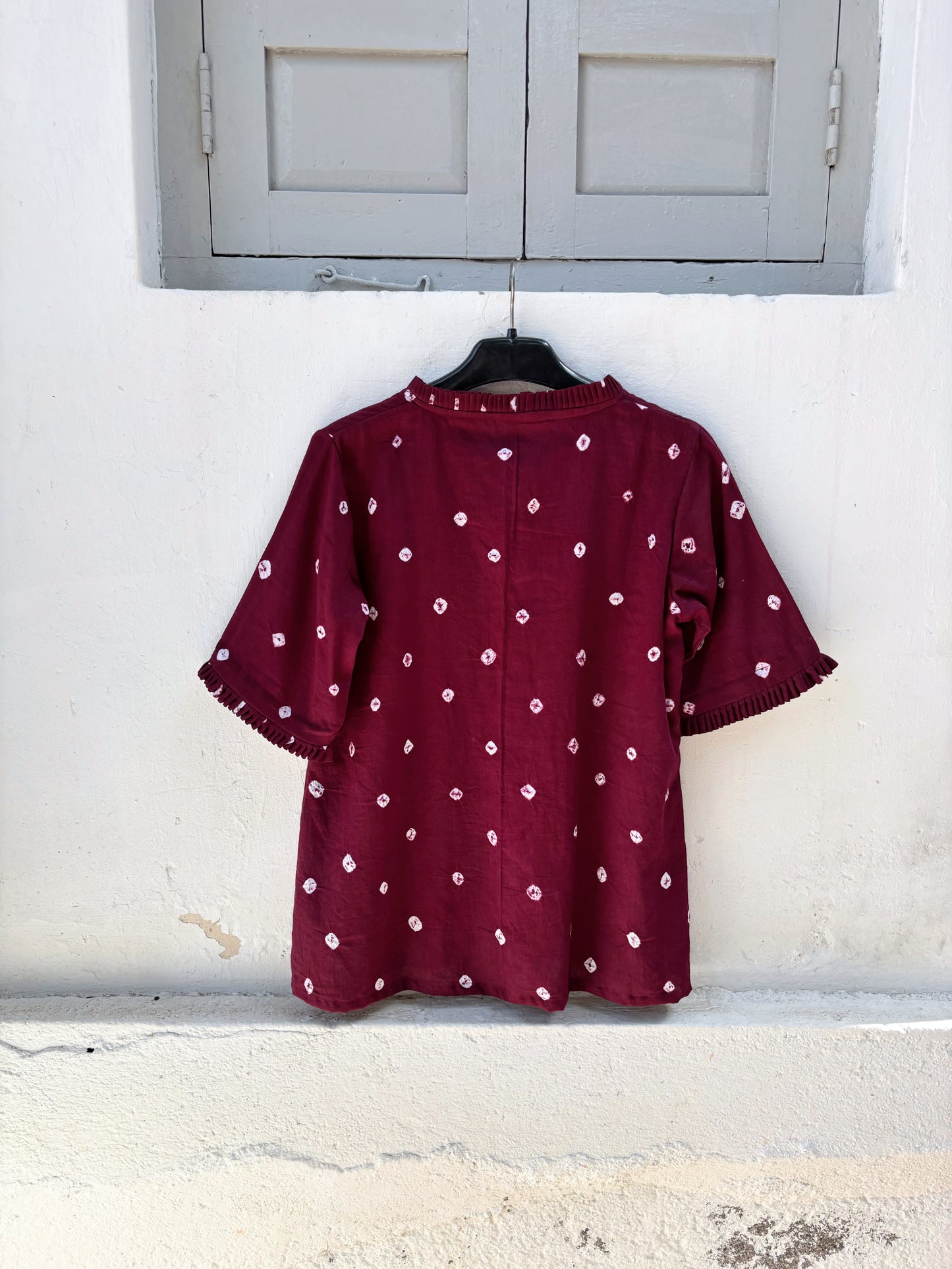 Angoor Boond wine maroon Bandhani cotton satin relaxed fit shirt with pleated neckline for women