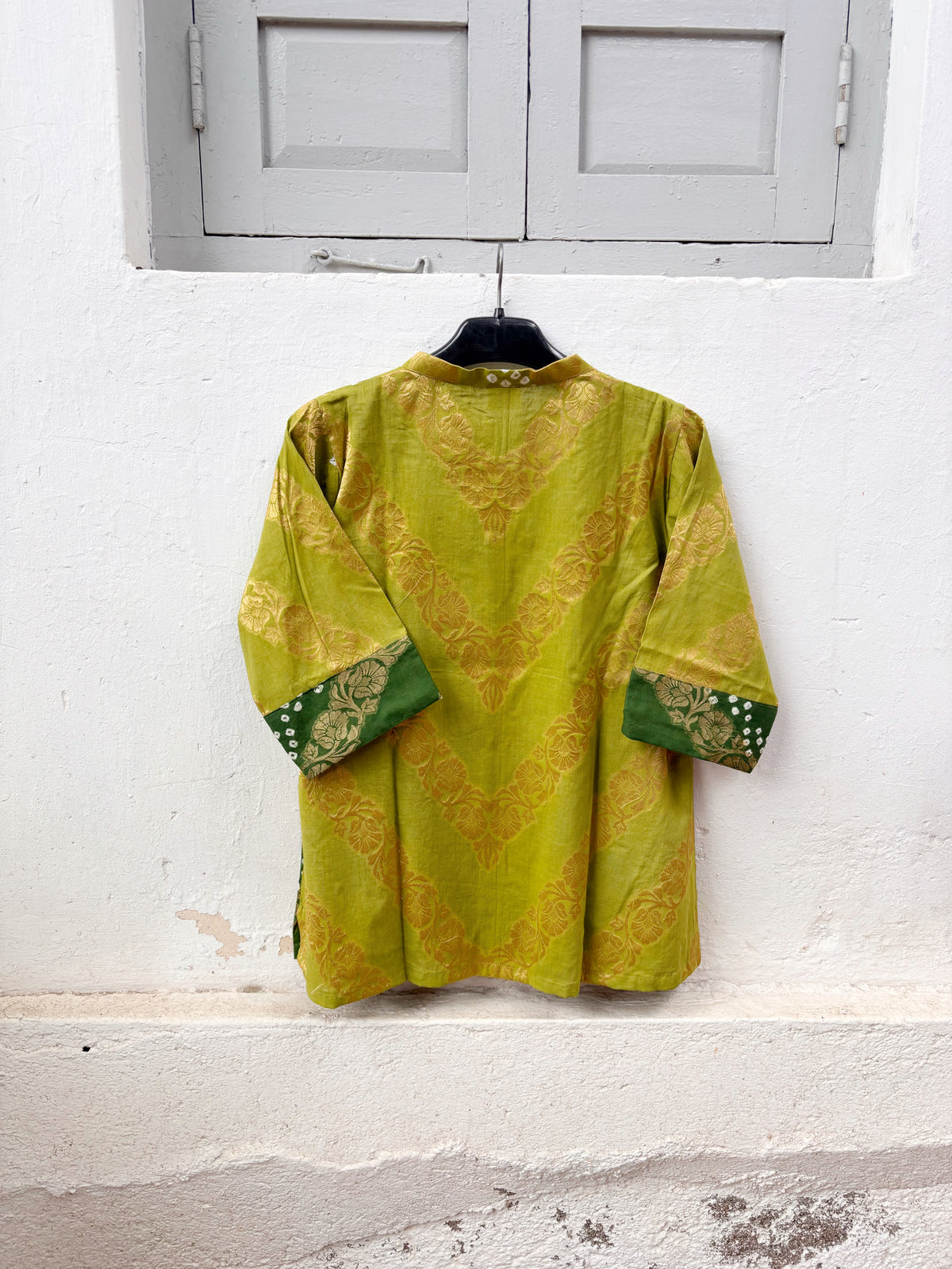 Bela festive Bandhani cotton shirt in olive and deep forest green with ivory hand tie-dyed Bandhani and antique-gold self-Banarasi floral weave