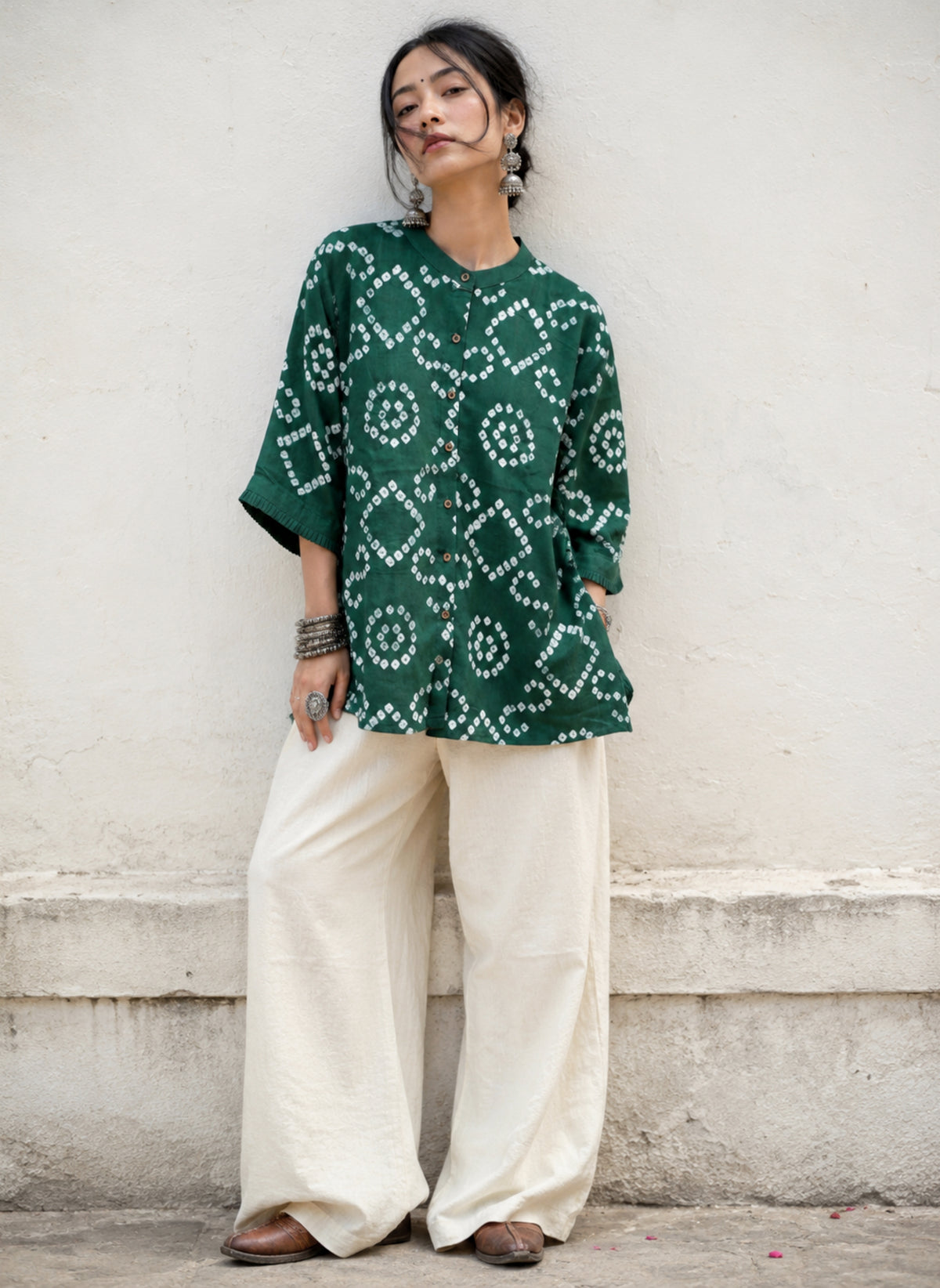 Handcrafted Deep Moss Green Cotton Satin Bandhani Shirt