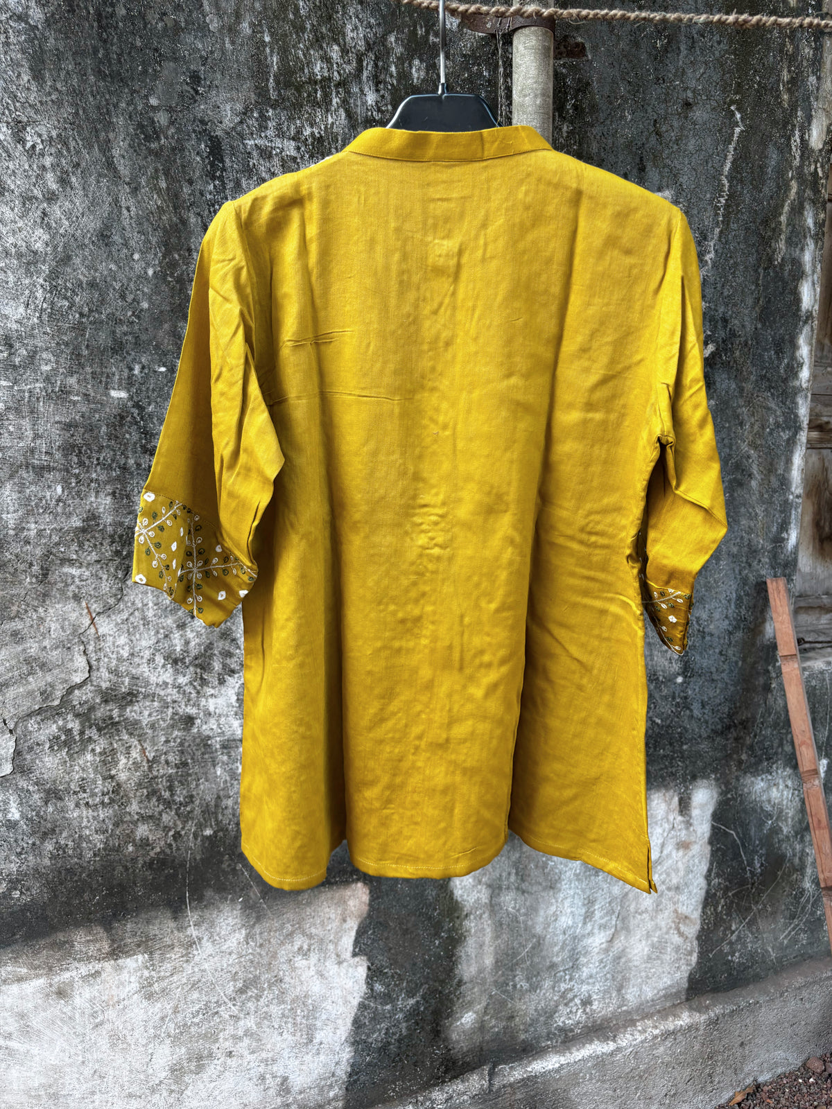 Dhoop mustard-gold hand tie-dyed Bandhani cotton satin shirt with geometric machine embroidery