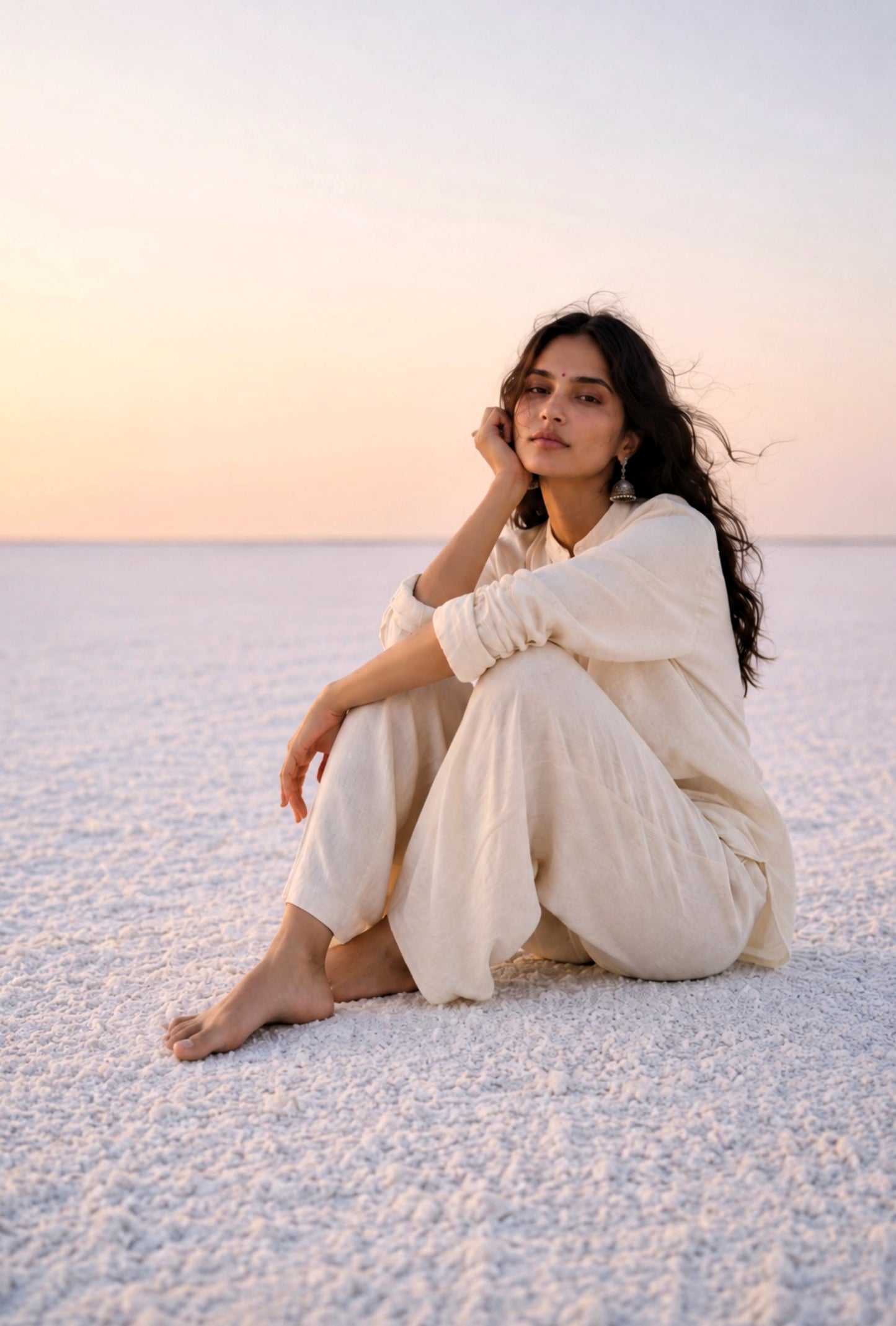 Off-white handspun and handwoven raw cotton co-ord set with relaxed shirt and wide-leg pants for women