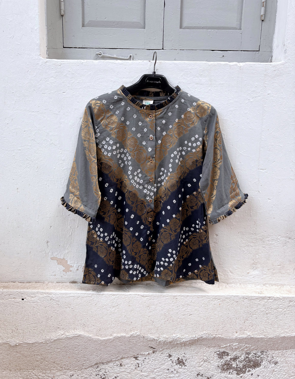 Dhundh festive Bandhani cotton shirt in light grey and deep charcoal grey with ivory hand tie-dyed Bandhani and antique-gold self-Banarasi floral weave