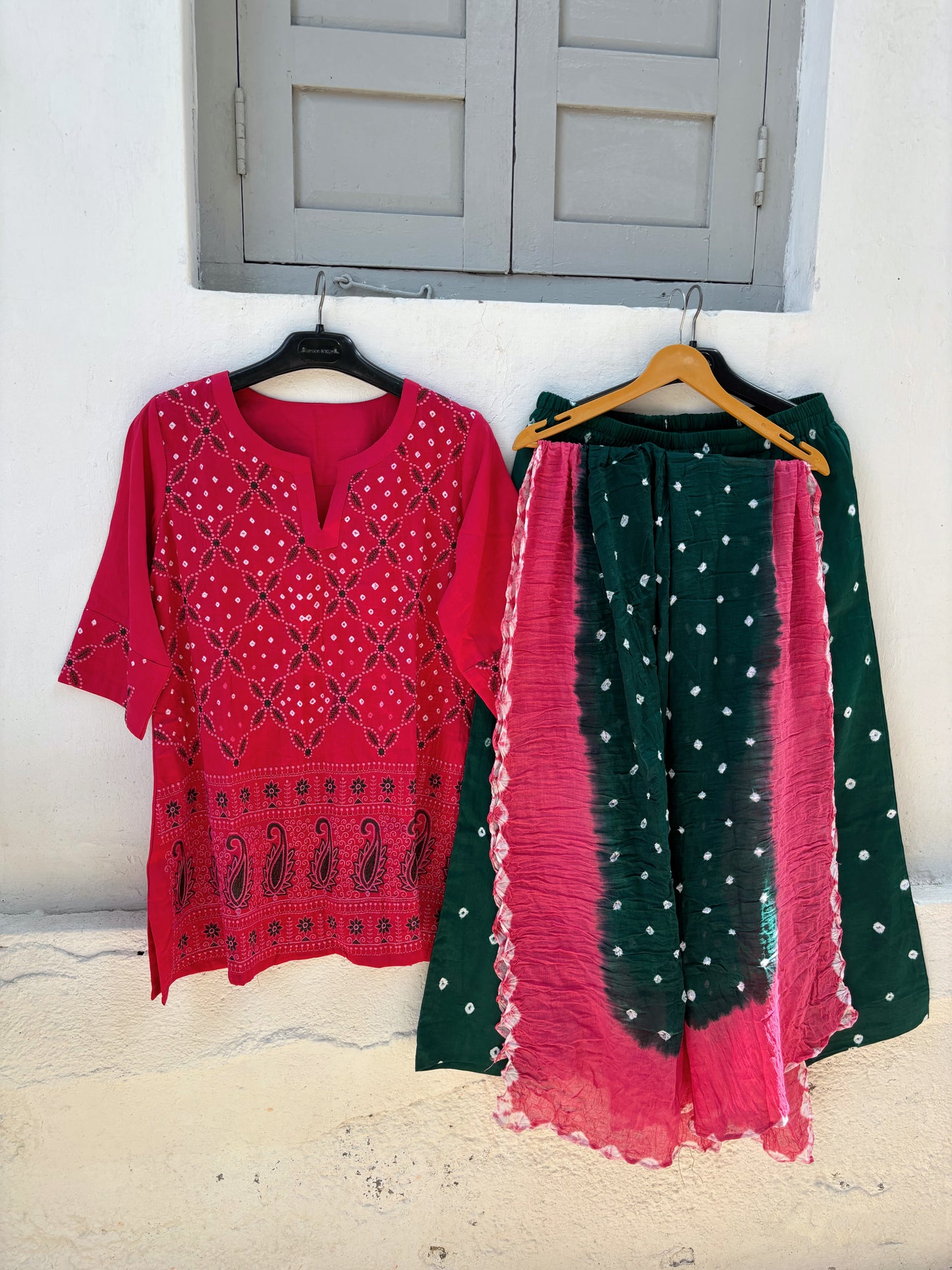 Pink and green Bandhani three-piece set with embroidered kurta, Bandhani pants and hand tie-dyed dupatta for women