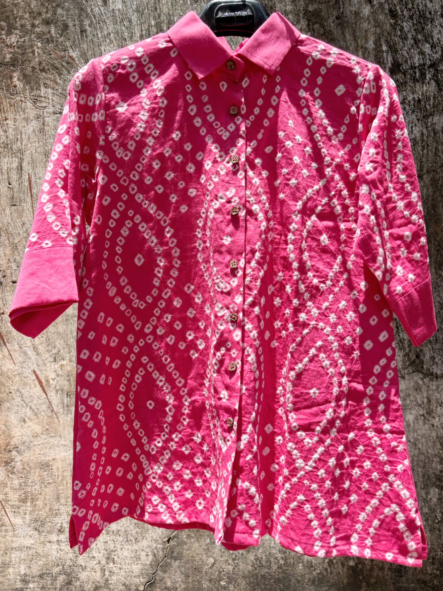 Pink Bandhani shirt for women with leher pattern in front and round design at back, hand tie dyed on cotton satin
