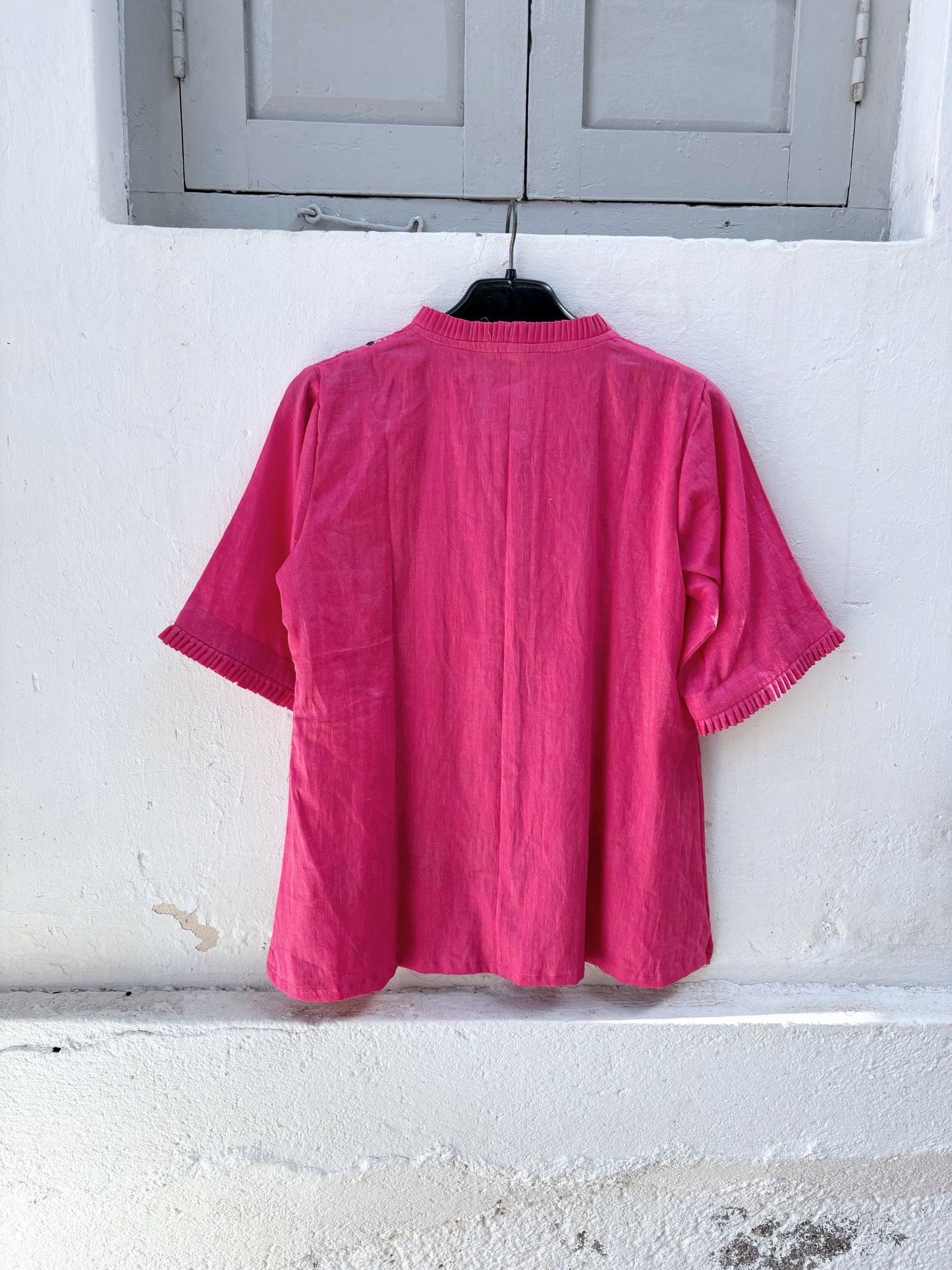 Gulaabi Dani pink Bandhani embroidered cotton satin relaxed fit shirt with pleated neckline for women