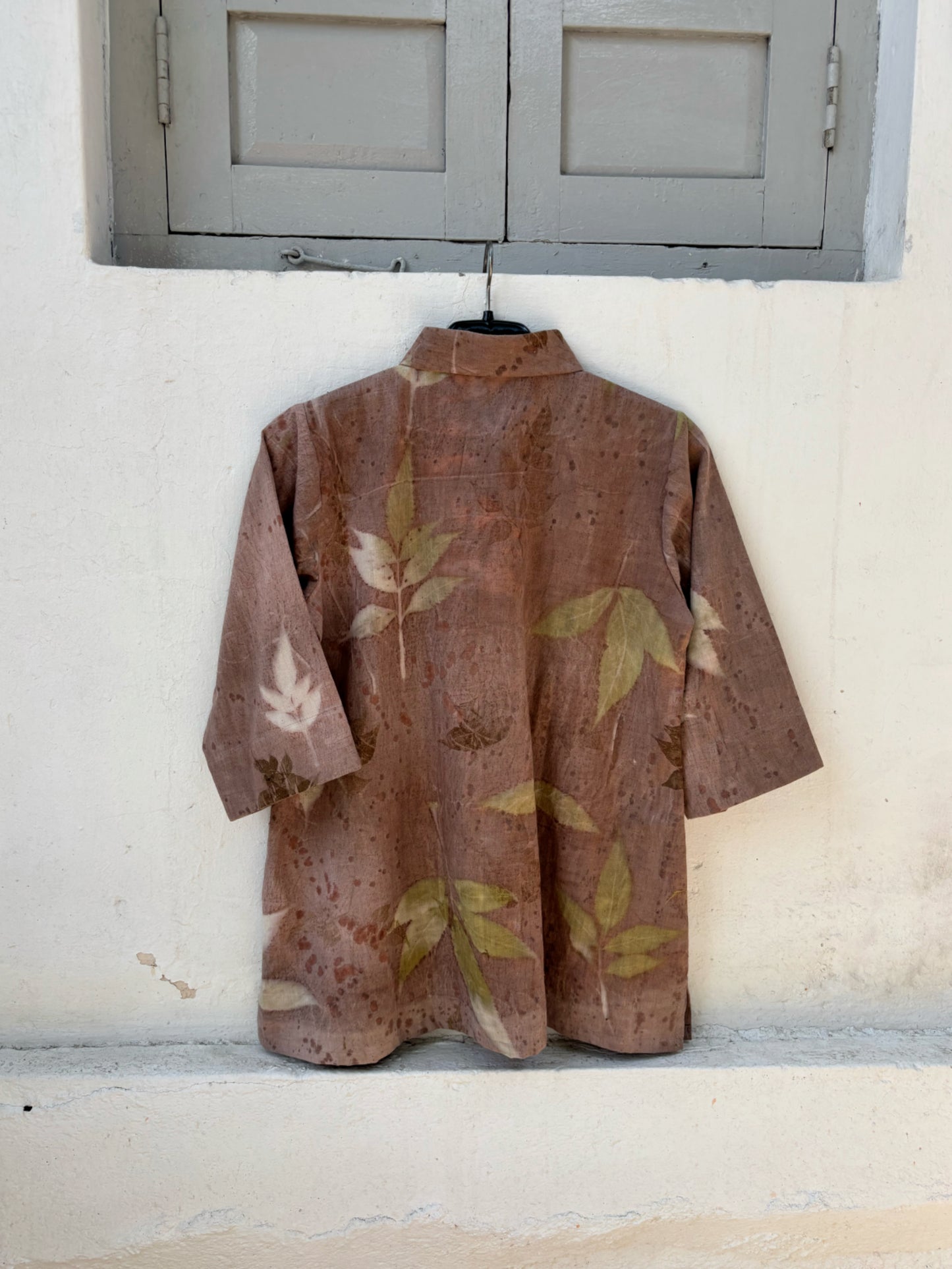 Handspun handwoven cotton eco print shirt for women in earthy cocoa brown with natural leaf prints, relaxed fit, handmade and naturally dyed.