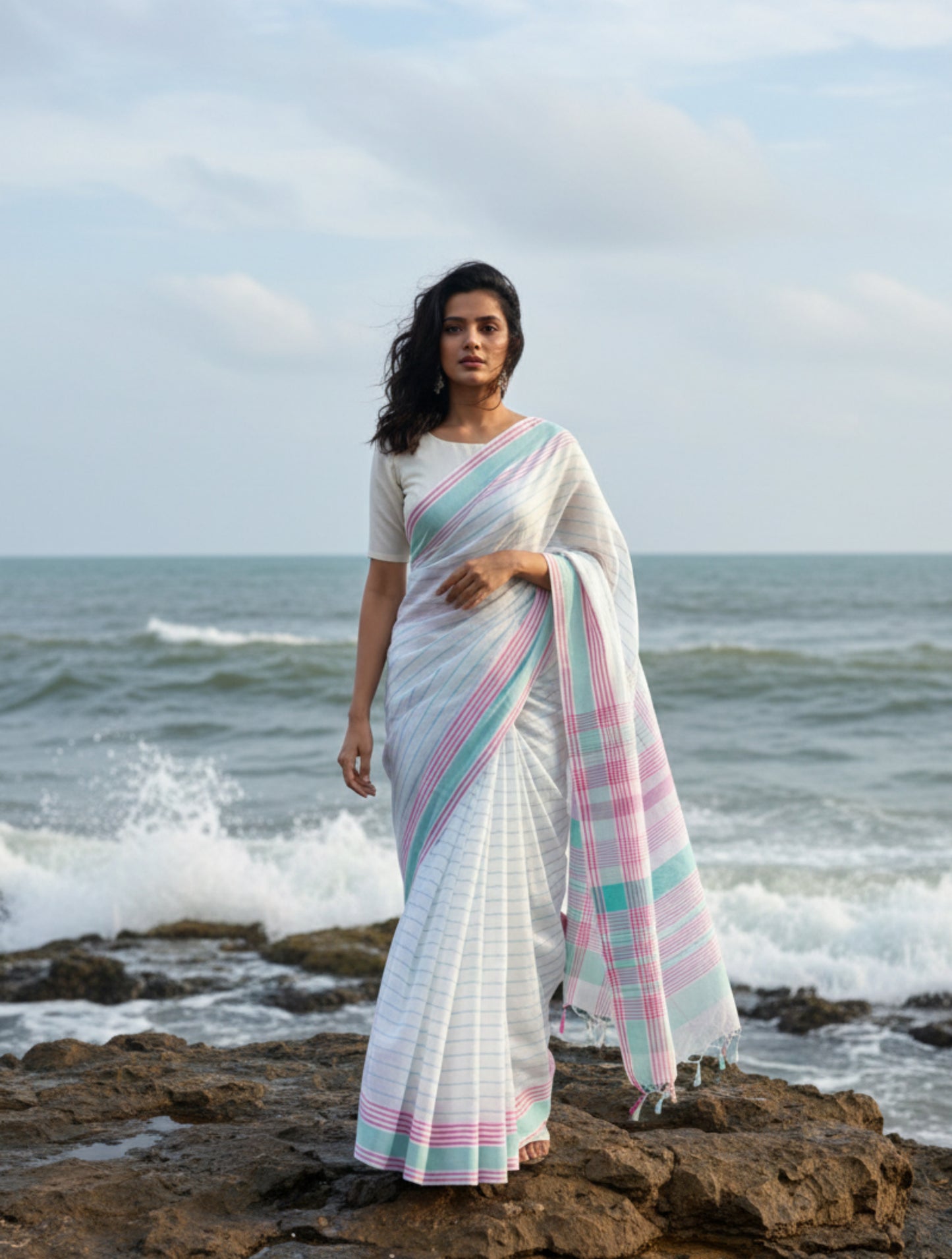 Handspun and handwoven white cotton saree with aqua, mint green and blush pink stripes, lightweight handloom saree with running blouse.