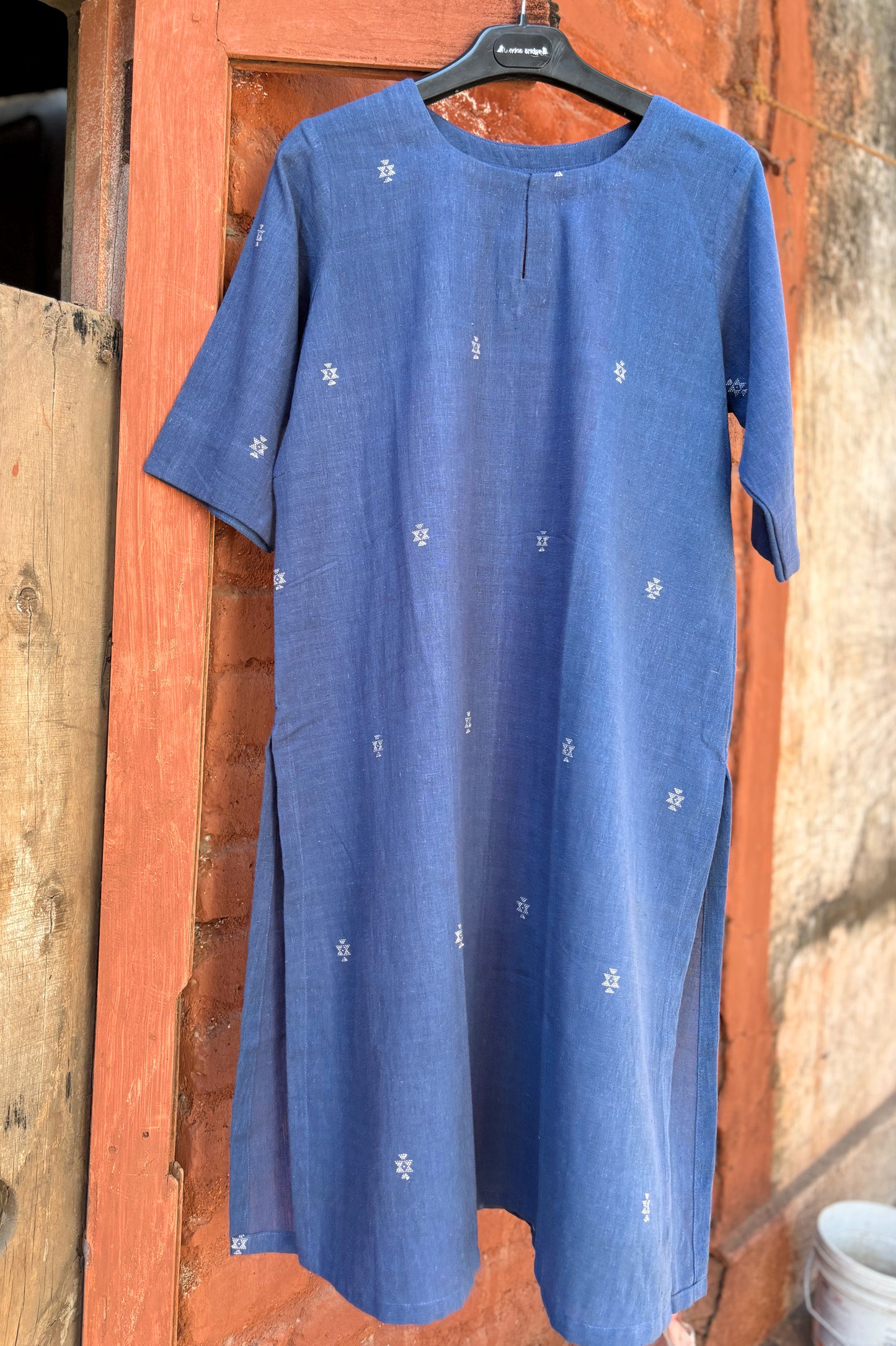 Indraneel indigo handspun handwoven organic cotton kurta for women with relaxed fit and woven motifs