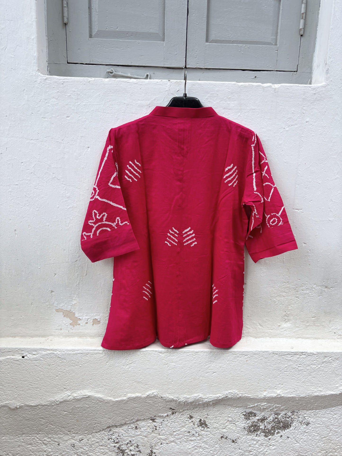 Jalsa festive Rai Bandhani cotton satin shirt in raspberry pink with ivory hand tie-dyed Bandhani and soft mandarin collar