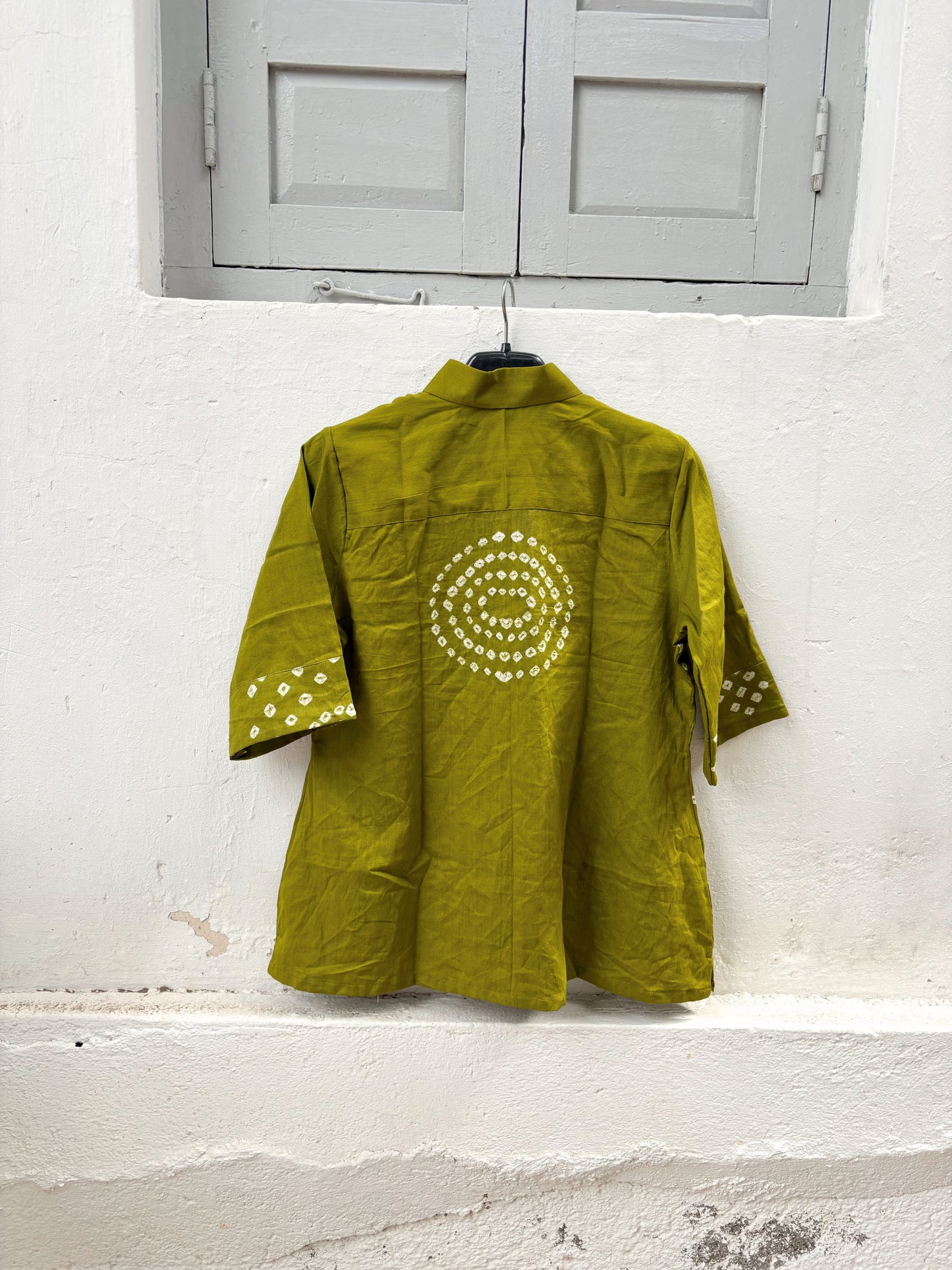 Leeli Dani olive green hand tie dyed Bandhani cotton satin relaxed fit collared shirt for women