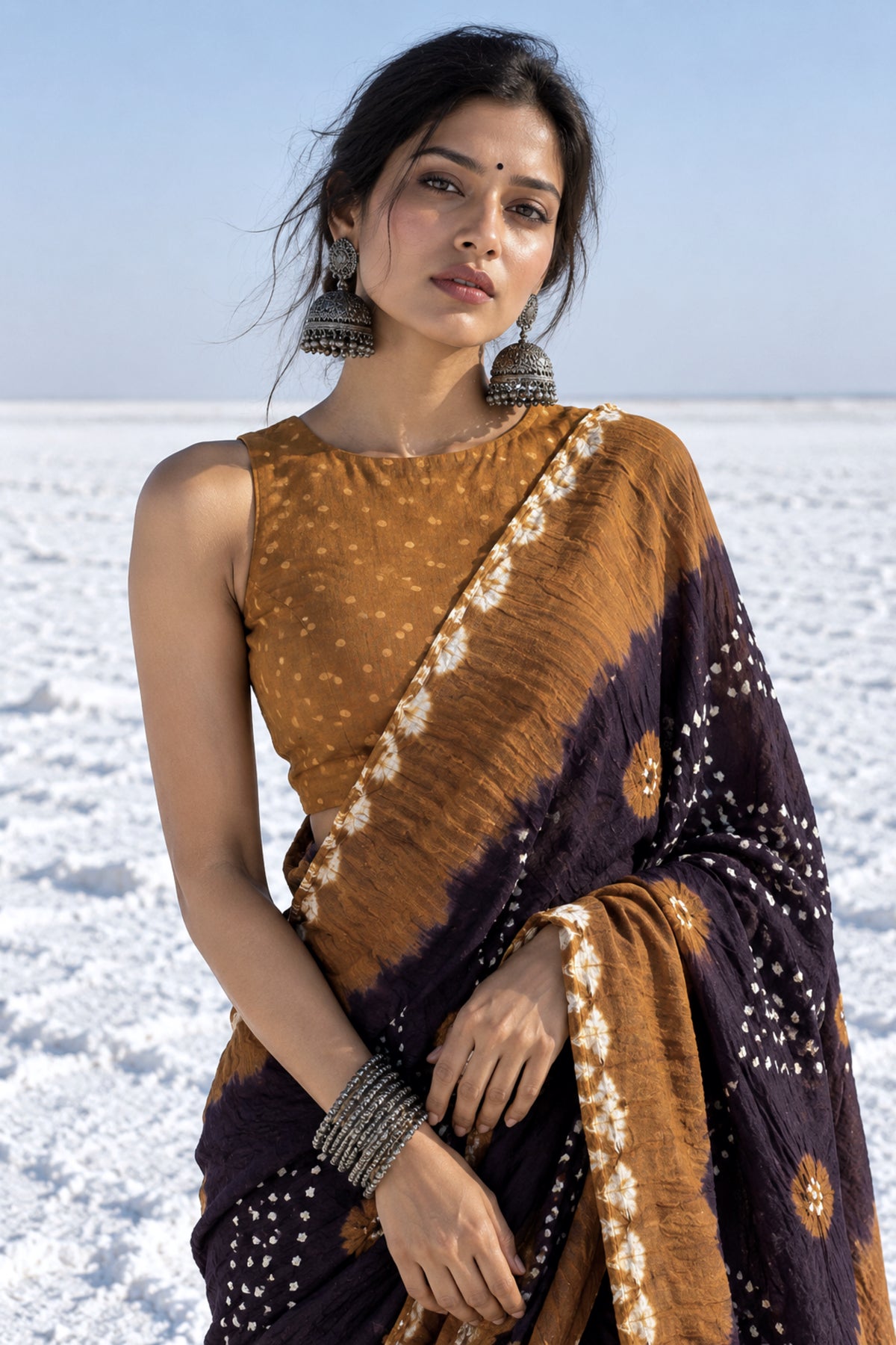 Mitti and Katha hand tie-dyed Bandhani cotton saree in light and deep brown with geometric dotted patterns and floral butis