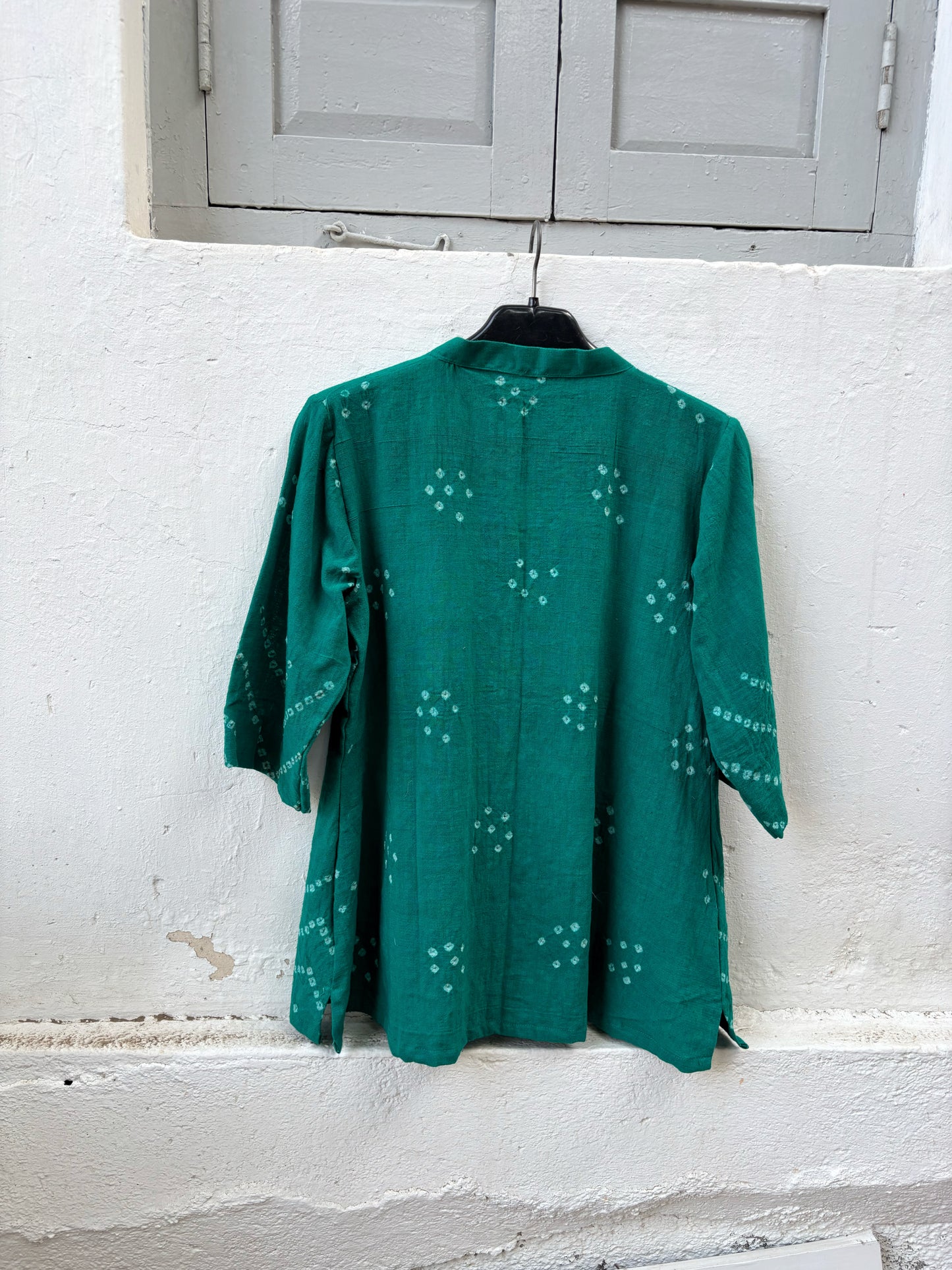 Morpankhi Dani teal green handspun handwoven organic cotton Bandhani shirt with soft mandarin collar and relaxed fit for women.