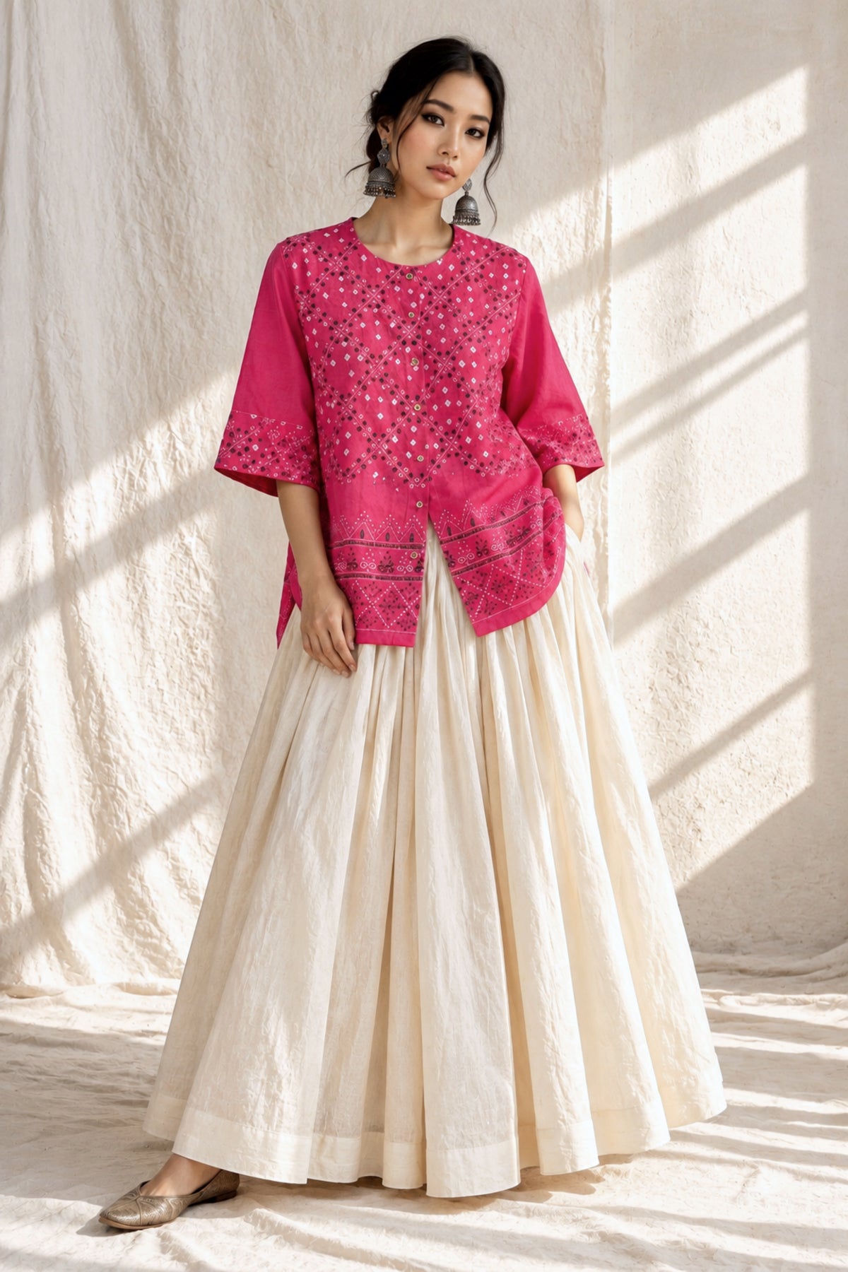 Pankhudi Gulabi pink hand tie-dyed Bandhani cotton satin shirt with machine embroidery and traditional Indian textile detailing