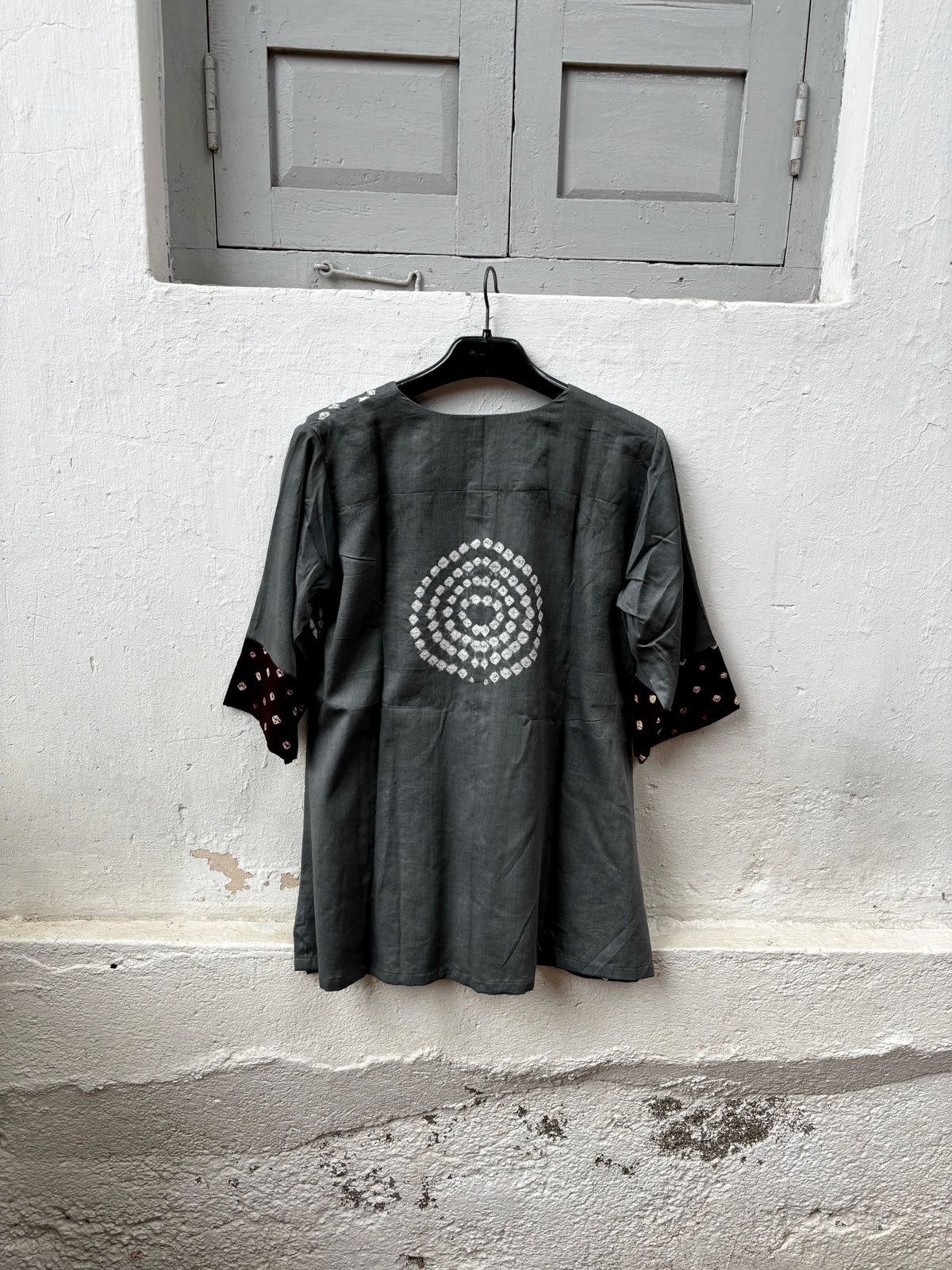 Raakh three-shade Bandhani cotton satin shirt in deep charcoal grey, rusty olive and deep maroon with ivory motifs