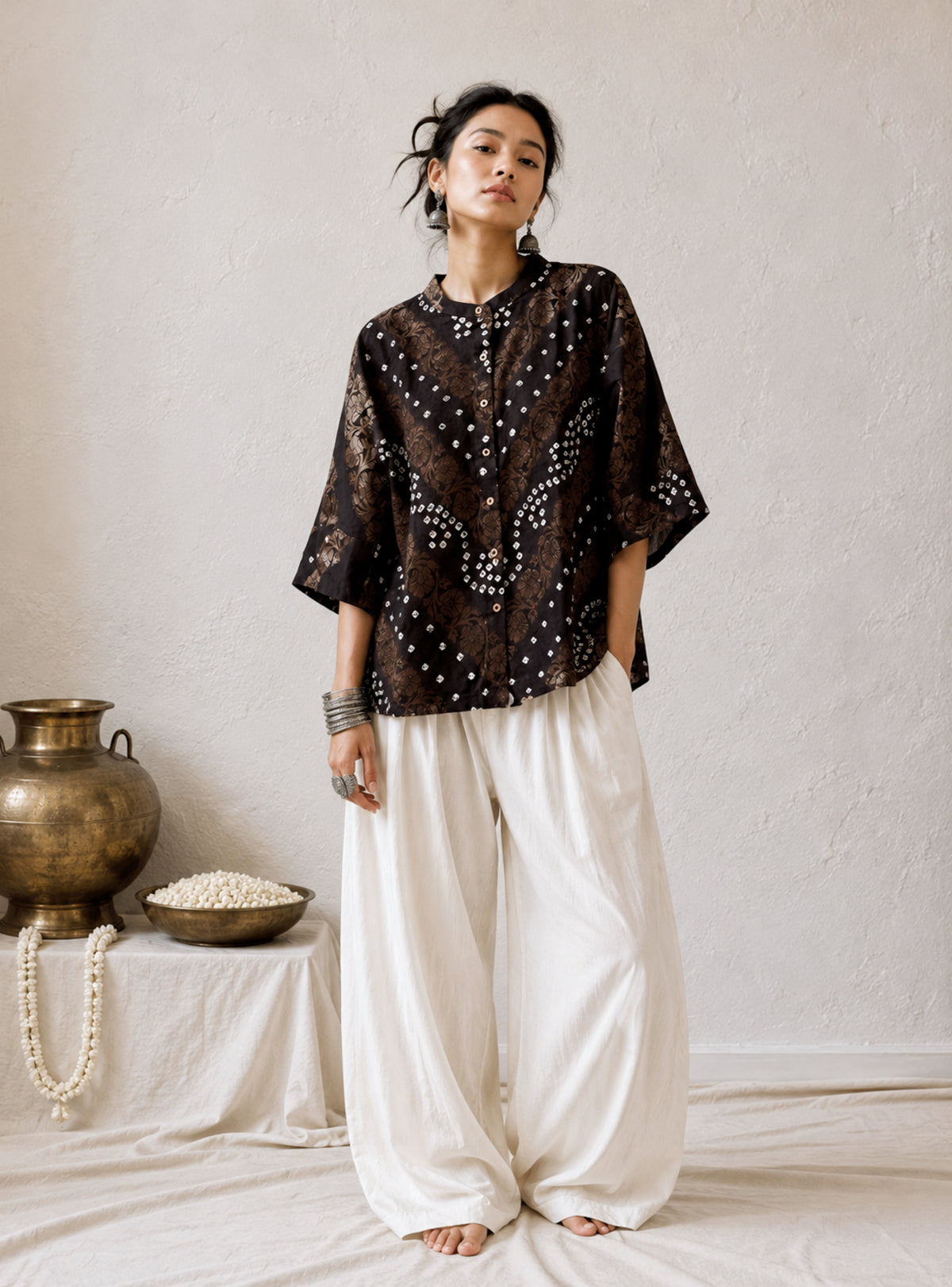 Raat black festive Bandhani cotton shirt with ivory hand tie-dyed Bandhani and antique-gold self-Banarasi floral weave