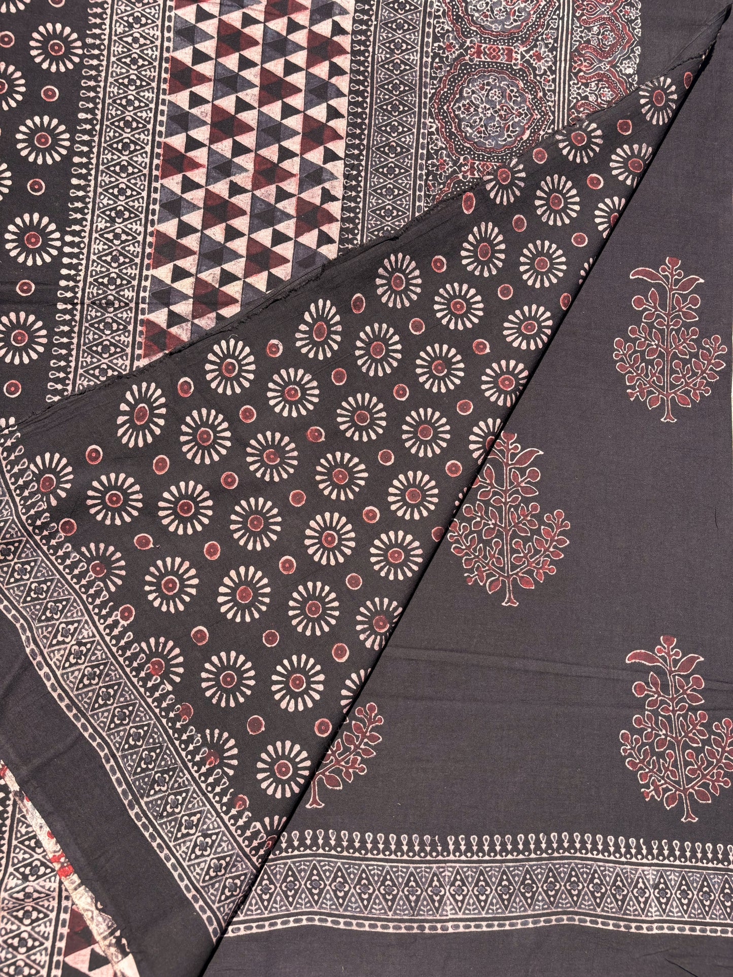 Raatrani Ajrakh hand block print natural dyed black cotton saree with maroon floral motifs and geometric pallu -Turquoisethestore