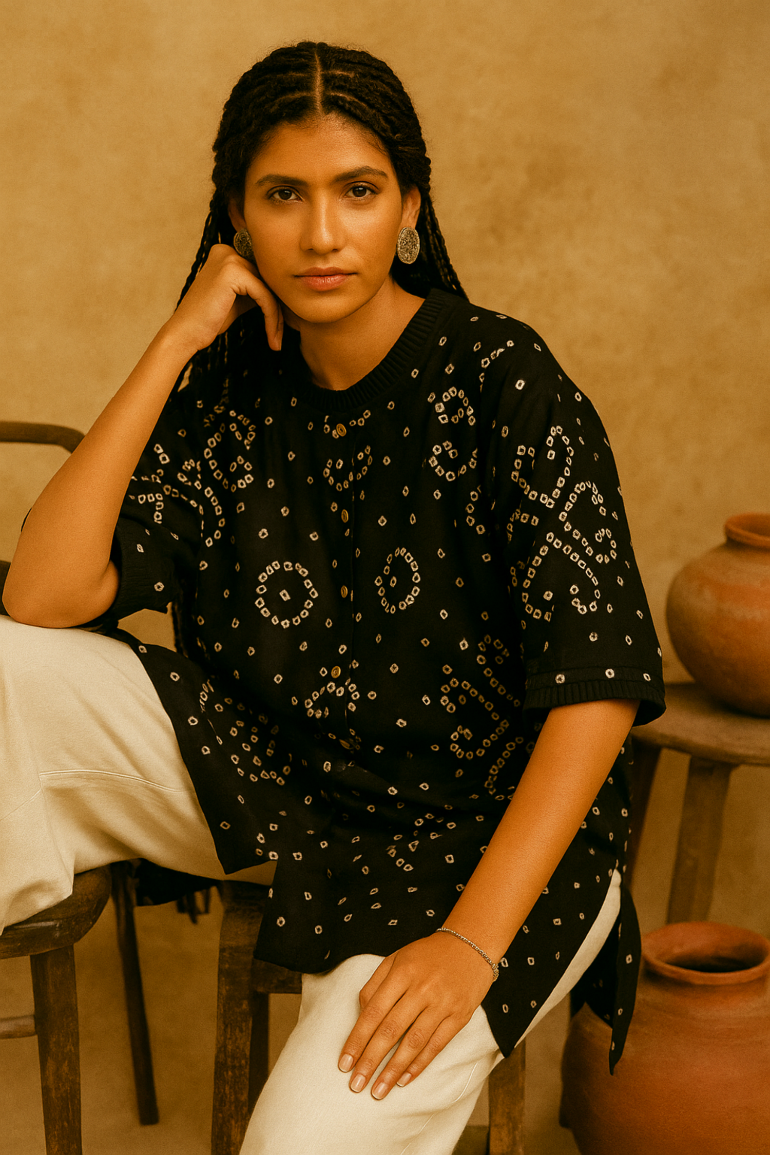 Handcrafted women’s shirts in Bandhani, Ajrakh hand block prints, and tie-dye, naturally dyed and slow-made in organic cotton and silk fabrics.