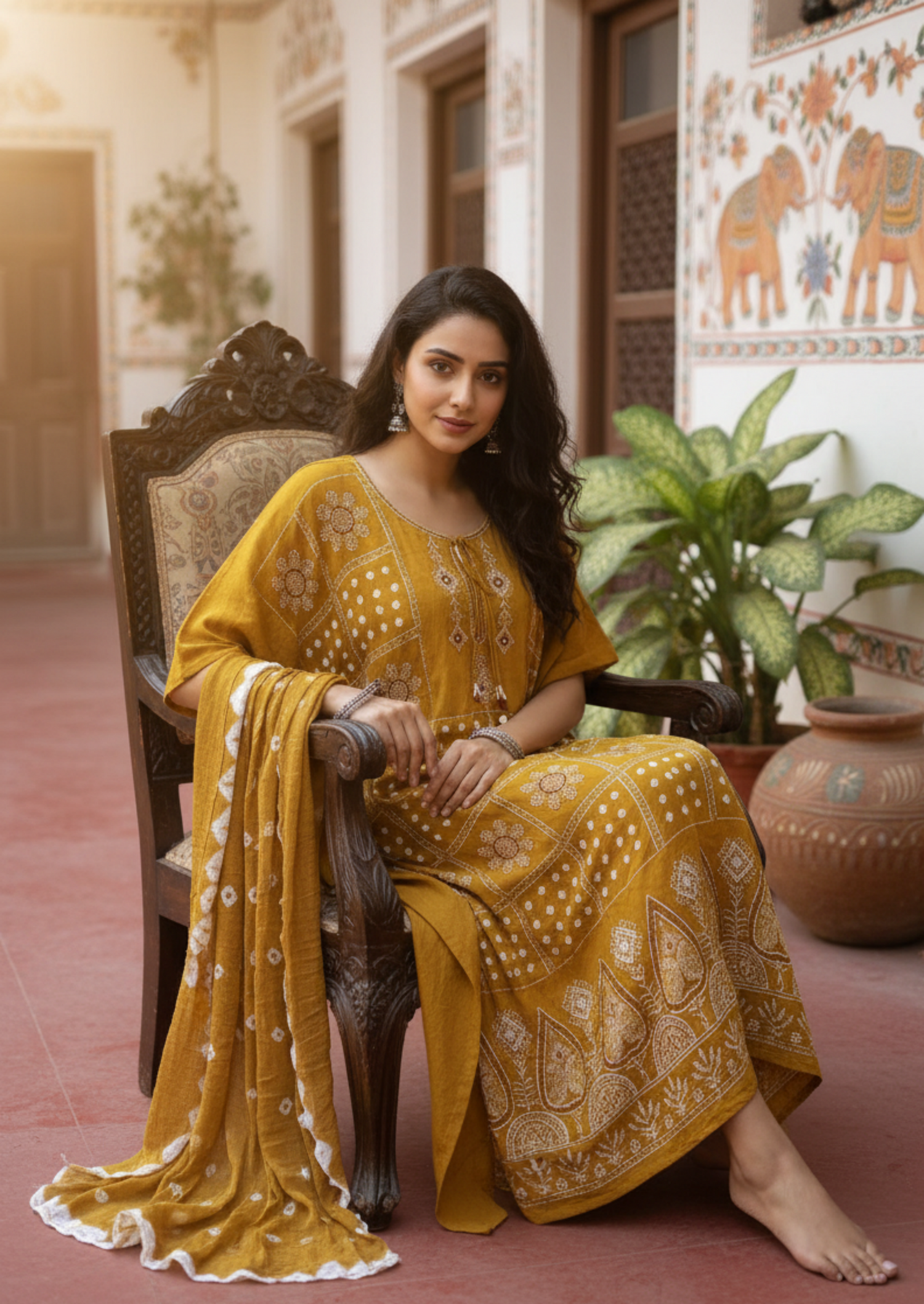 Handcrafted Bandhani and Ajrakh sets & co-ords featuring kaftan-pant sets, dupatta ensembles, and slow-made artisan outfits in natural fabrics from Turquoisethestore.