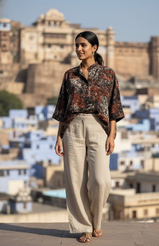 Abstract Ajrakh hand-printed black cotton oversized shirt for women, naturally dyed with mandarin collar.