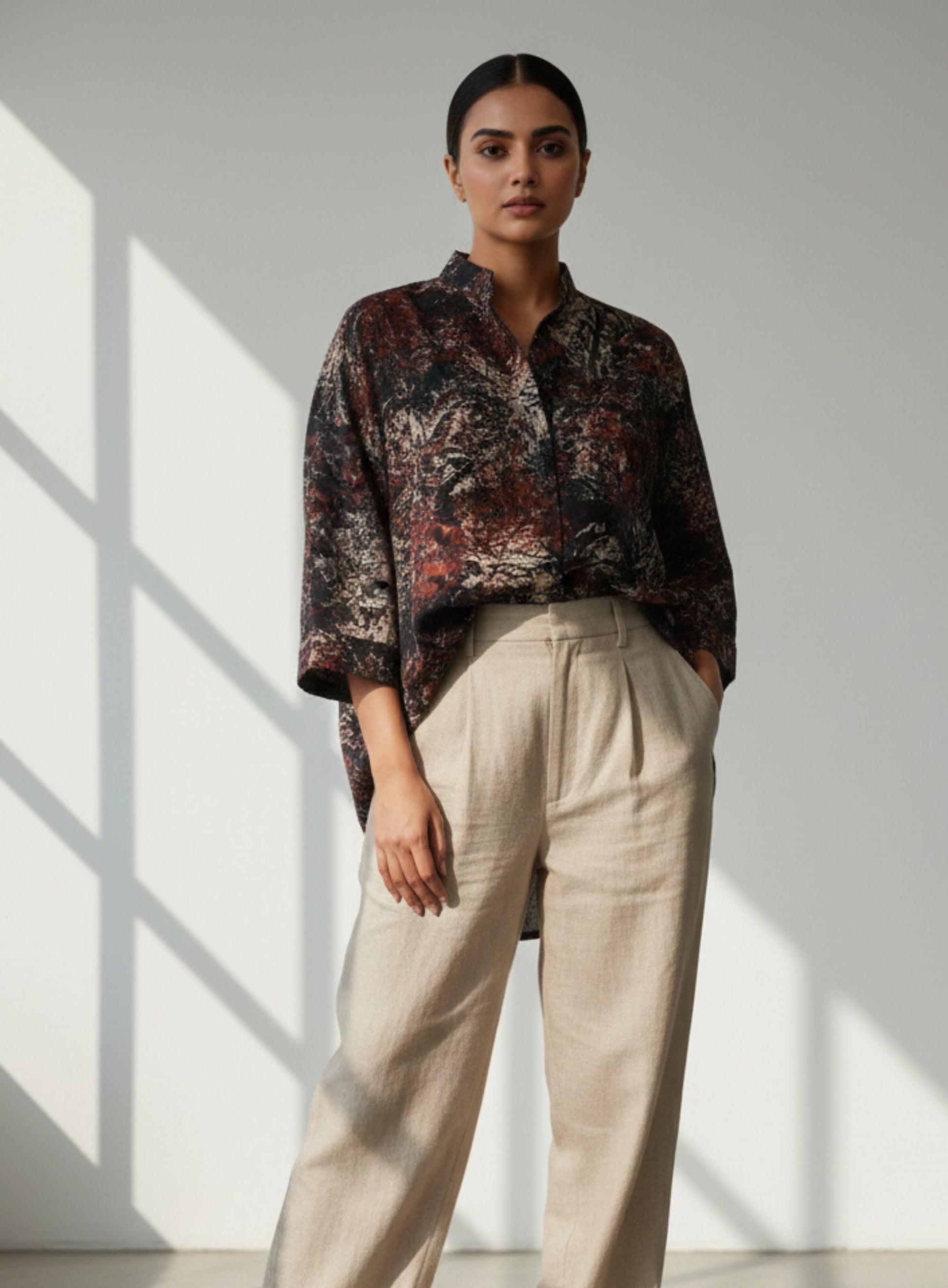 Abstract Ajrakh hand-printed black cotton oversized shirt for women, naturally dyed with mandarin collar