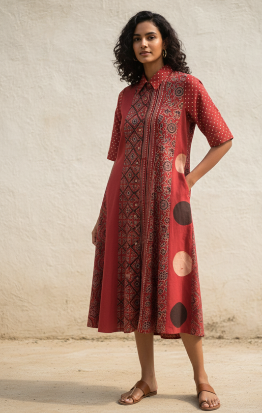 Madder dyed multi Ajrakh hand block printed cotton A-line shirt dress featuring a shirt collar, short sleeves and relaxed silhouette. Naturally dyed, slow made and breathable Indian wear handcrafted by artisans in Gujarat.