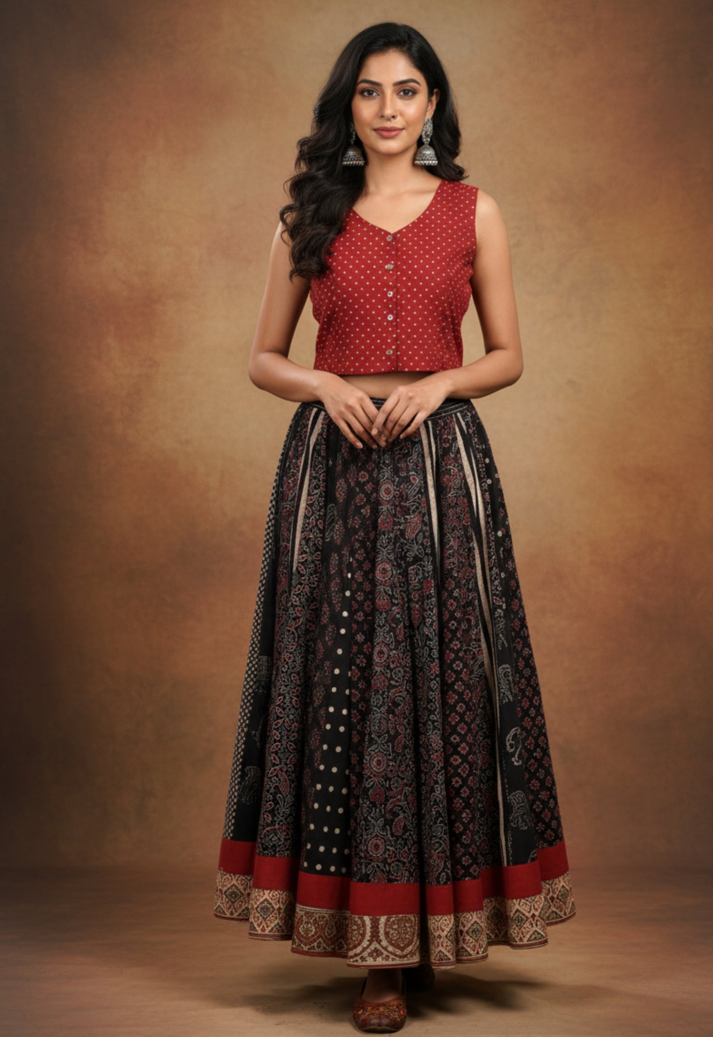 Handcrafted black Ajrakh hand block printed cotton skirt with multi prints and red polka dot sleeveless crop top, naturally dyed and slow-made by Turquoisethestore.