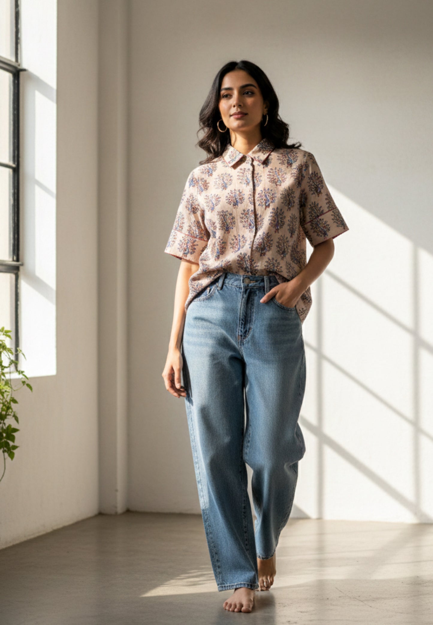 Hand spun and handwoven organic cotton beige Ajrakh hand block printed shirt for women featuring peacock motif and madder dyed piping on collar and cuffs, naturally dyed and crafted for breathable everyday comfort.