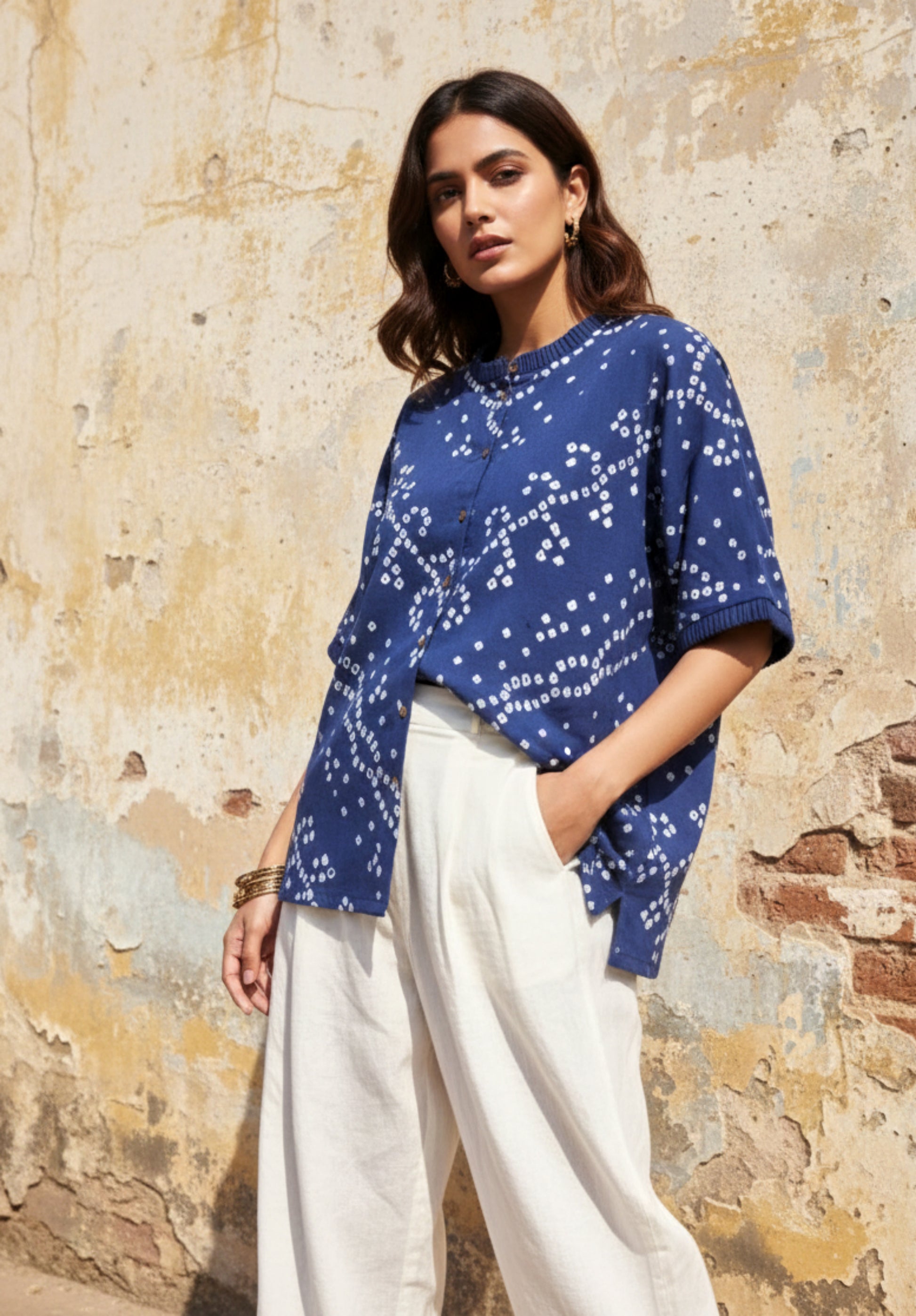 Women’s indigo bandhani cotton satin shirt hand tie dyed in India relaxed fit