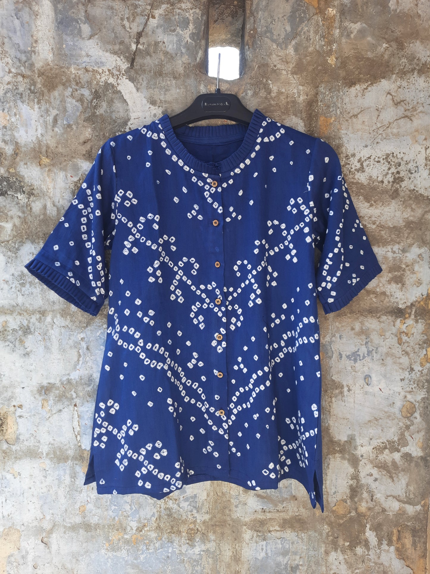 Women’s indigo bandhani cotton satin shirt hand tie dyed in India relaxed fit