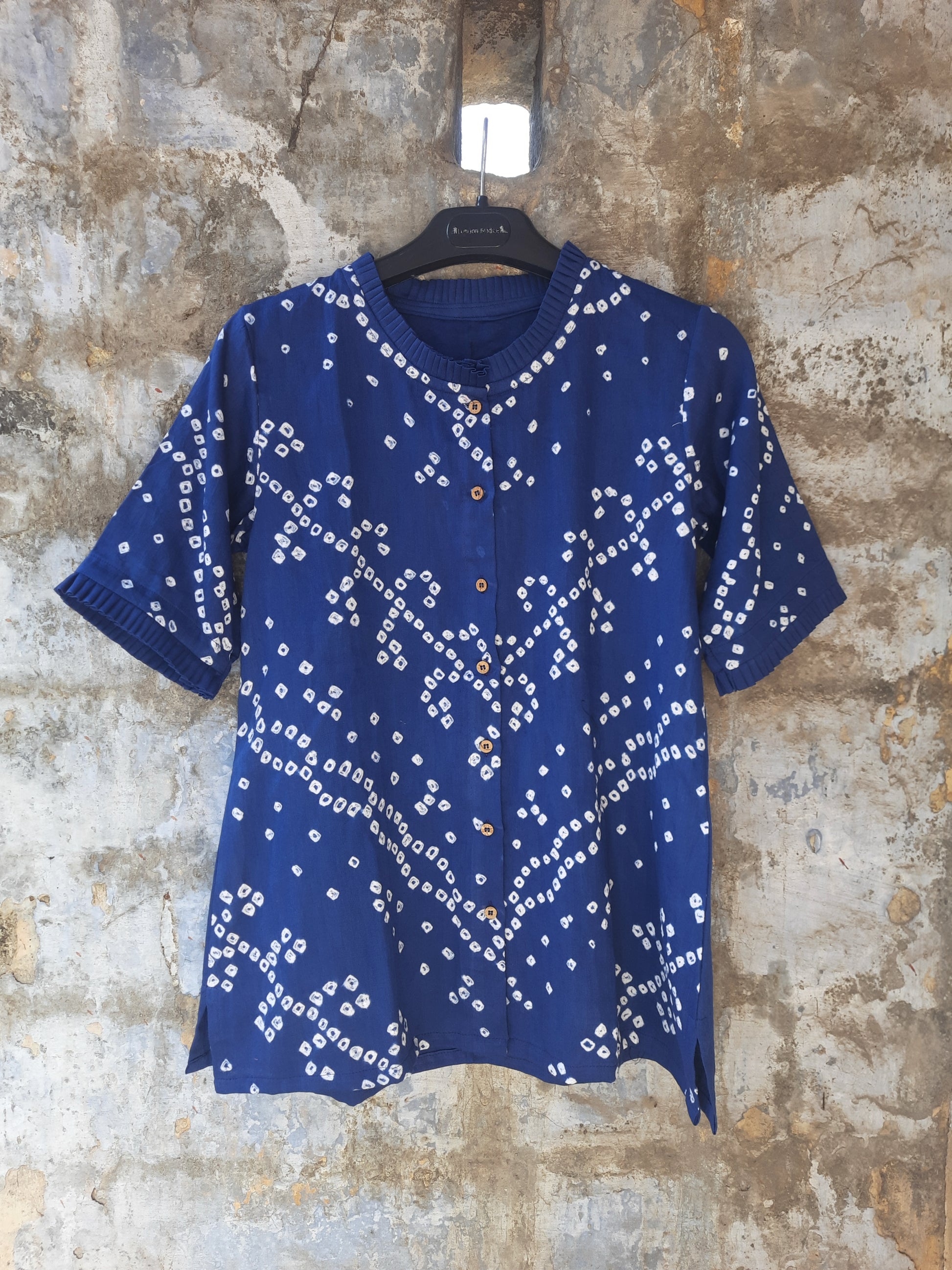 Women’s indigo bandhani cotton satin shirt hand tie dyed in India relaxed fit