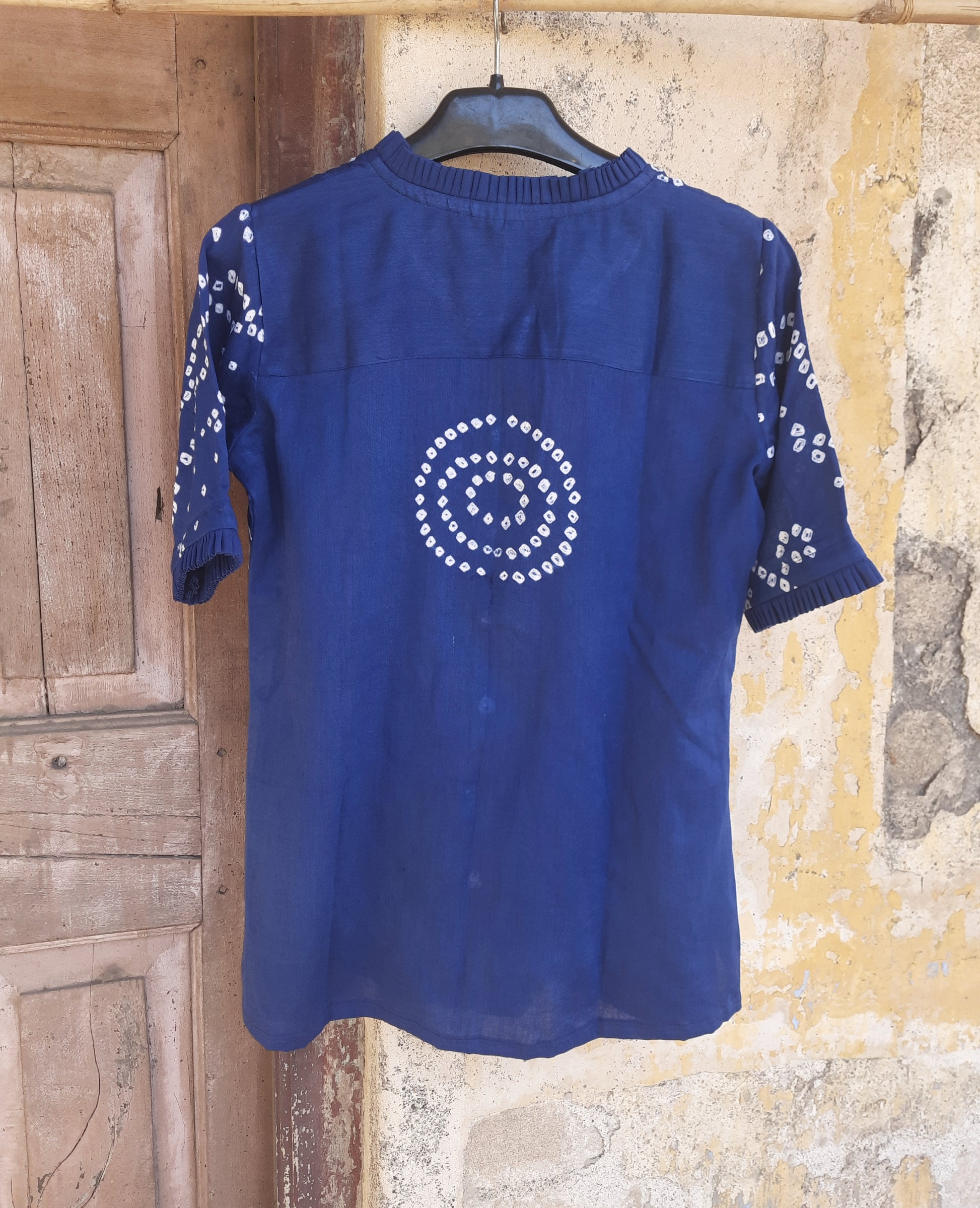 Women’s indigo bandhani cotton satin shirt hand tie dyed in India relaxed fit