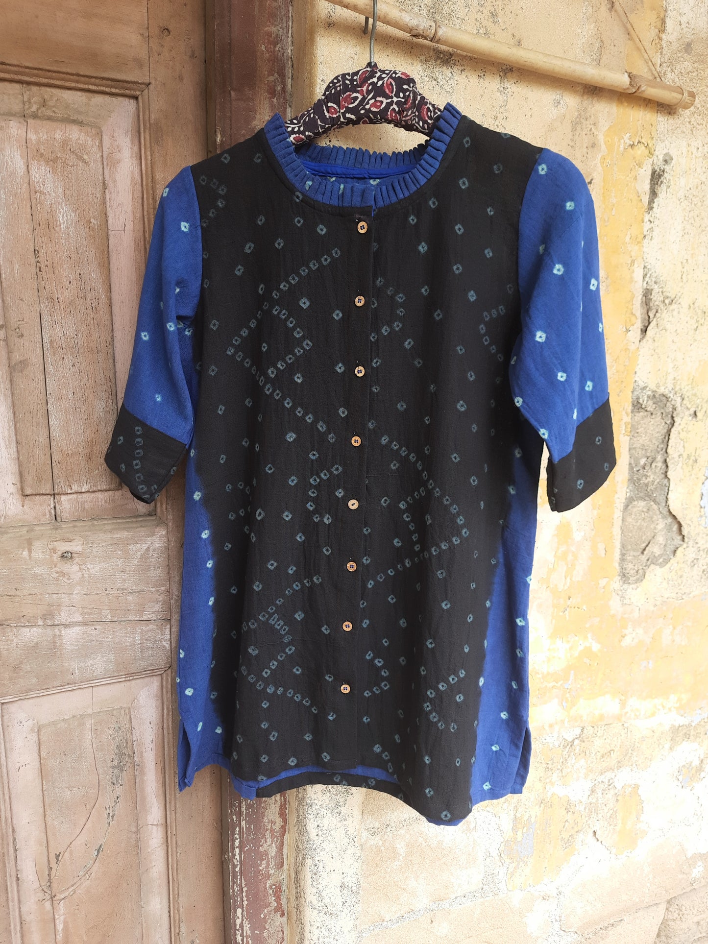 Slow-made black and blue Bandhani shirt handcrafted from handspun organic cotton fabric.