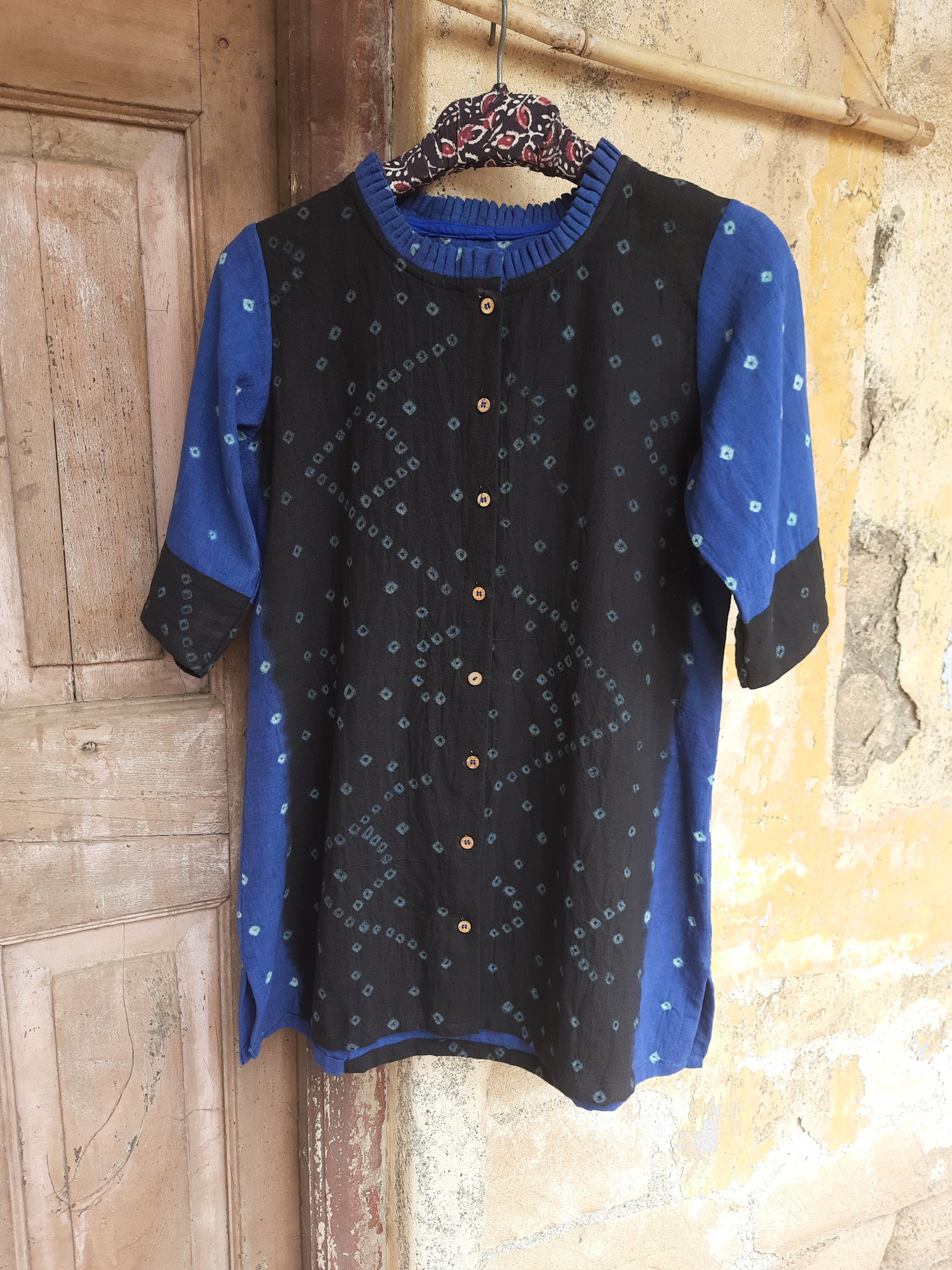 Slow-made black and blue Bandhani shirt handcrafted from handspun organic cotton fabric.