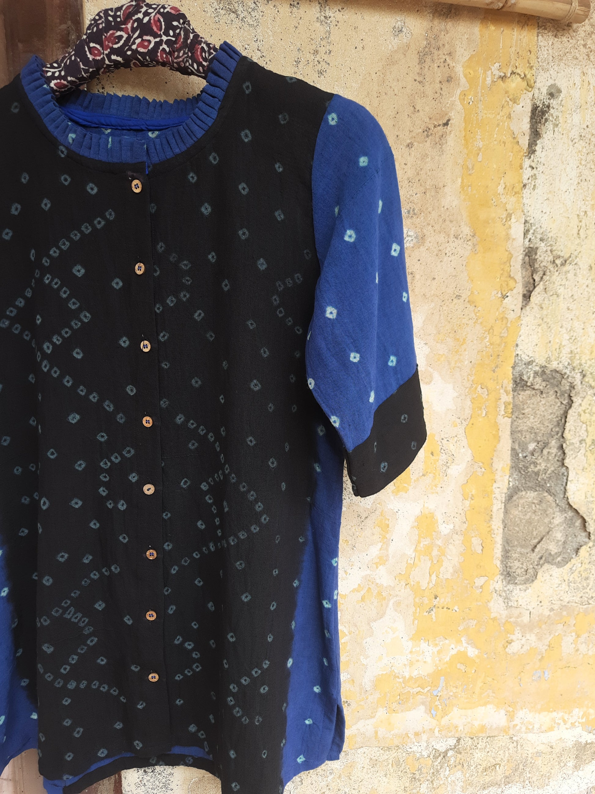 Slow-made black and blue Bandhani shirt handcrafted from handspun organic cotton fabric.