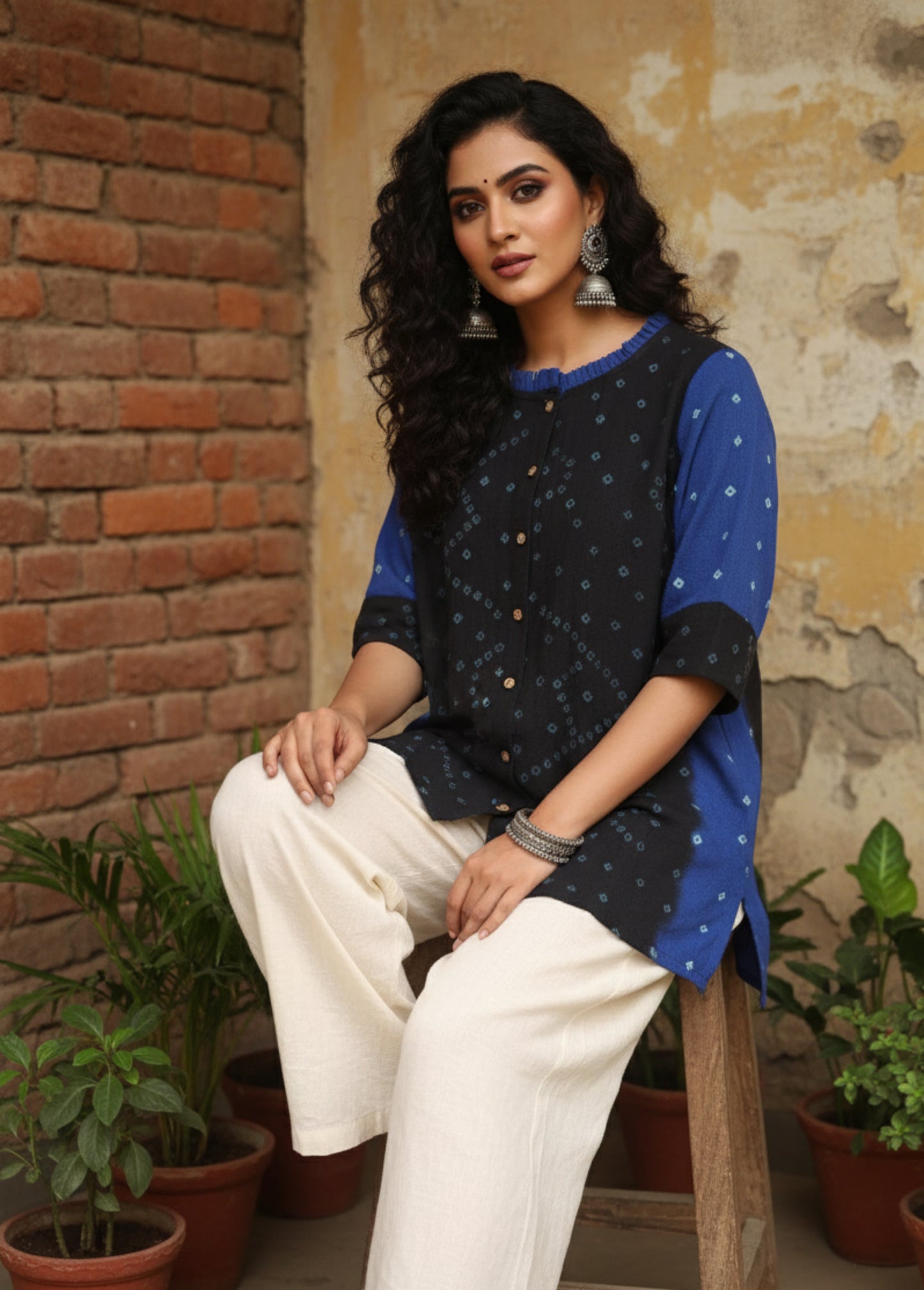 Slow-made black and blue Bandhani shirt handcrafted from handspun organic cotton fabric.