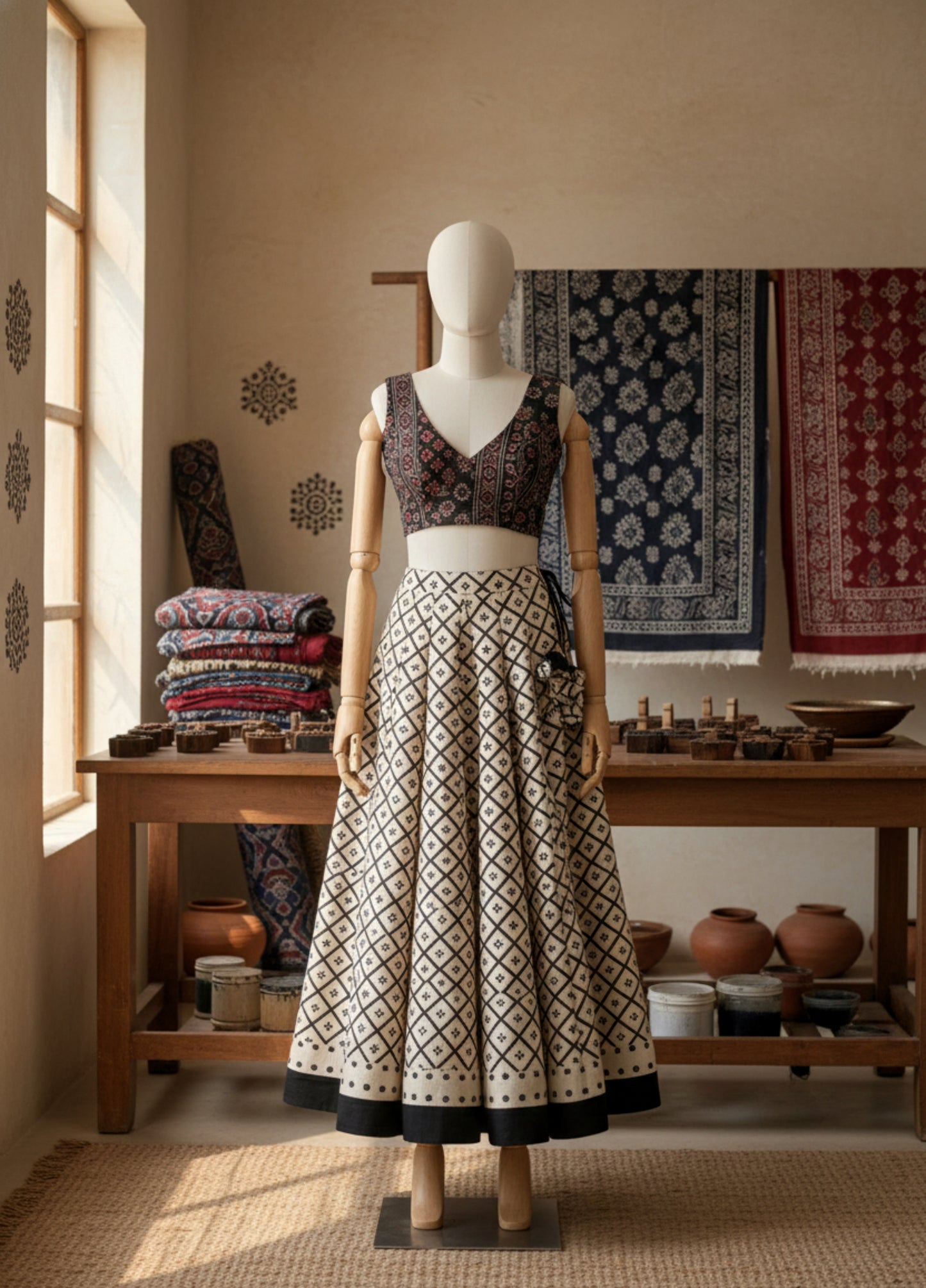 Black natural dyed up-cycled Ajrakh patchwork padded blouse, handmade and slow made with a curved V neckline, round back neck, side zip and unique patchwork pattern. Artisanal blouse crafted consciously using natural dyes.