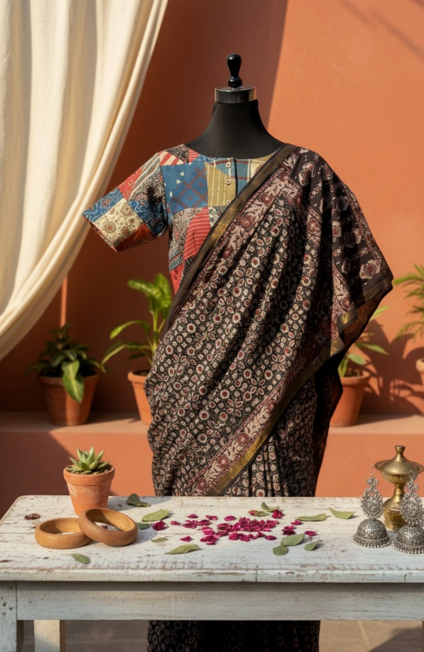 Black Ajrakh hand block printed pure cotton saree featuring traditional natural-dyed motifs and detailed Ajrakh border. Slow made, handmade saree measuring 6.30 meters with a 44-inch width. Styled with a patchwork blouse.