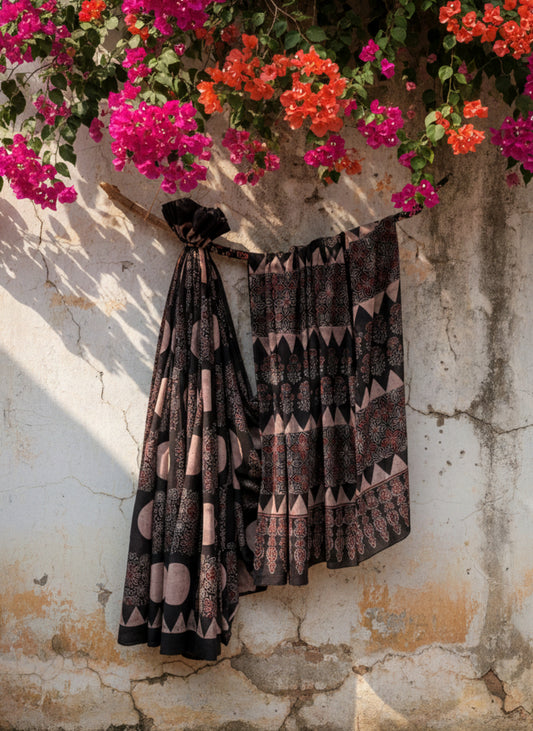 Black natural dyed Ajrakh hand block printed cotton saree crafted using cosmic moon motifs and traditional wooden hand blocks. Pure cotton, breathable, slow made saree with running blouse piece, handmade by artisans in Gujarat.