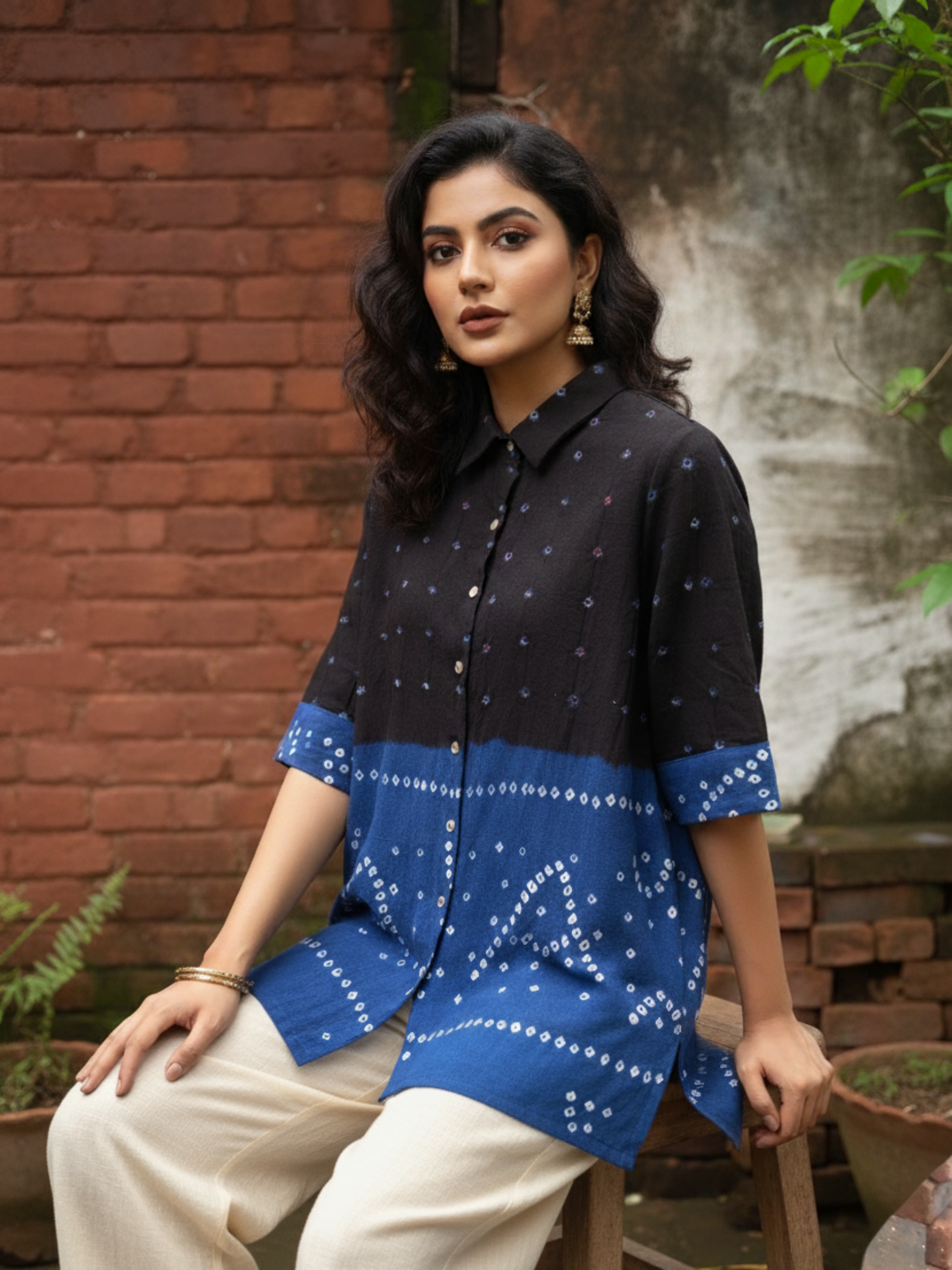 Black and blue Bandhani oversized shirt in handspun handwoven organic cotton by Turquoisethestore.