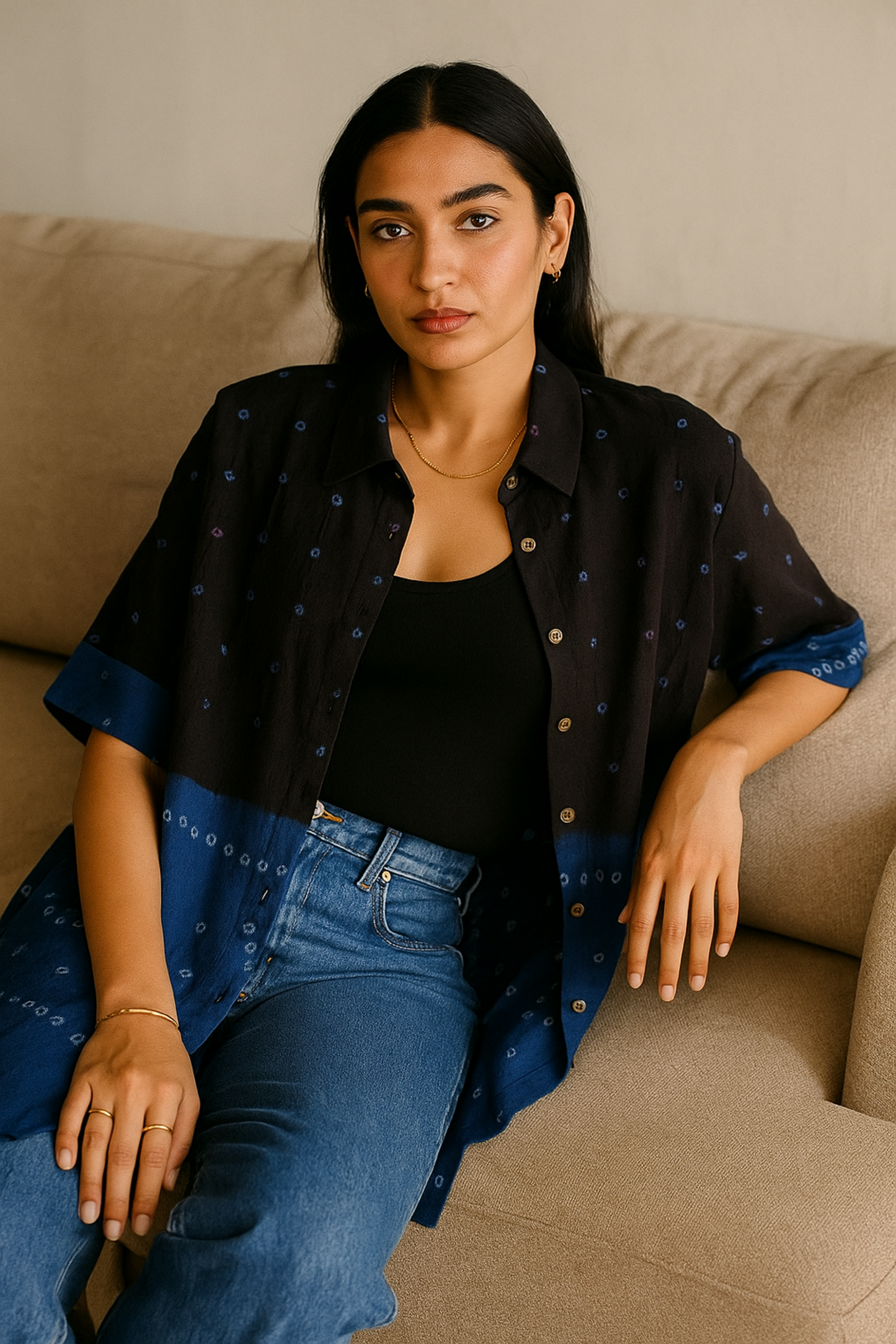 Black and blue Bandhani oversized shirt in handspun handwoven organic cotton by Turquoisethestore.